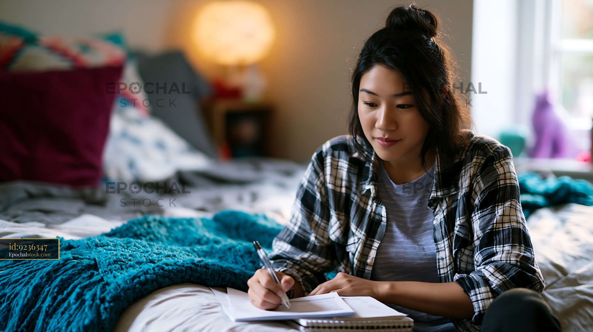 Watermarked full-resolution preview of Young woman writing in a notebook while sitting on a bed