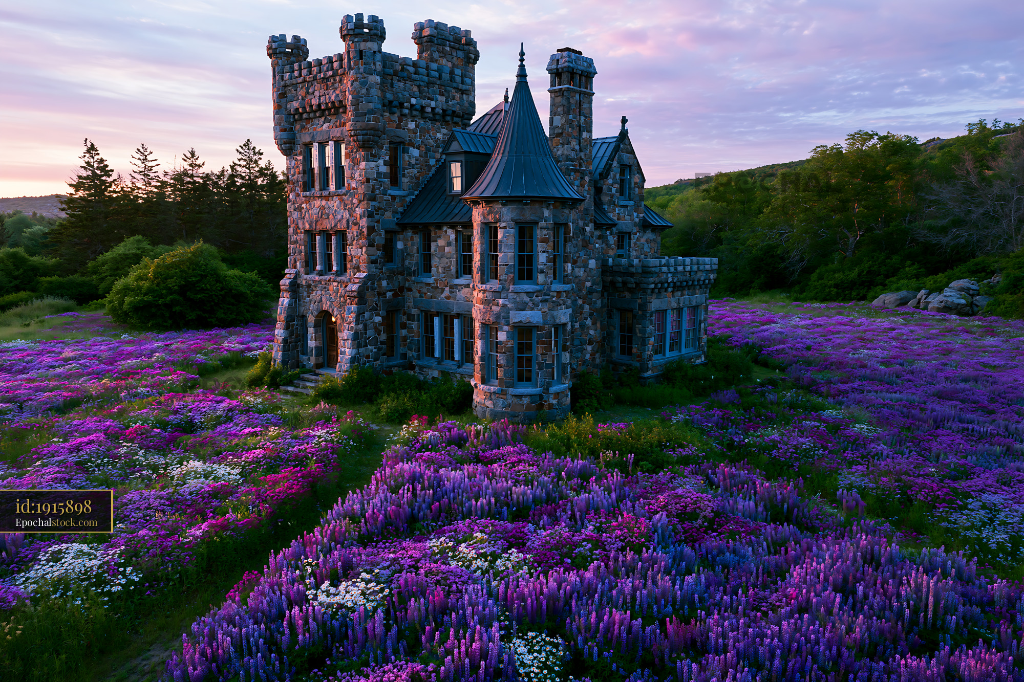 Watermarked full-resolution preview of Stone castle surrounded by purple flowers at sunset