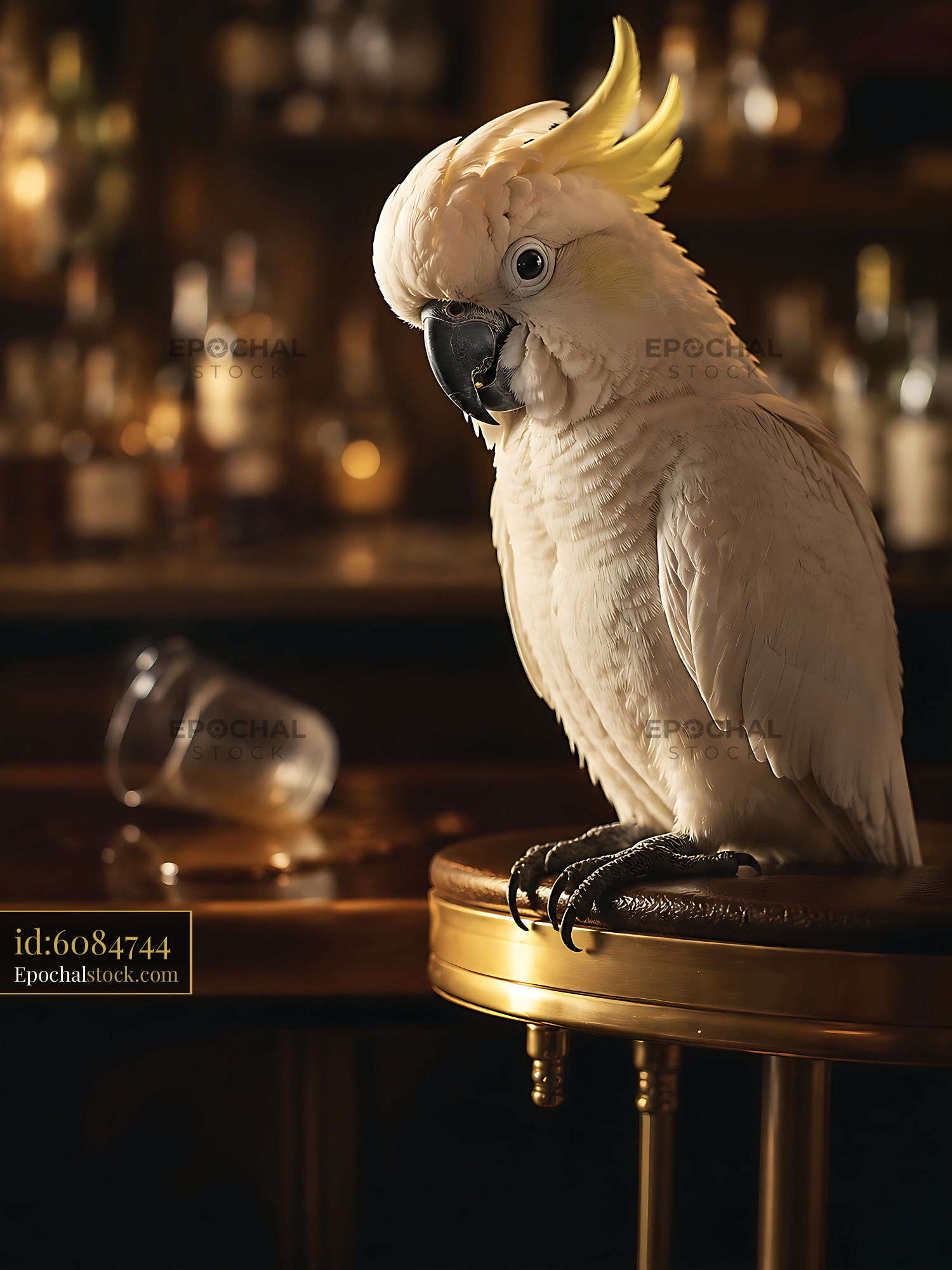 Watermarked full-resolution preview of Cockatoo sitting on a bar counter in a dimly lit setting