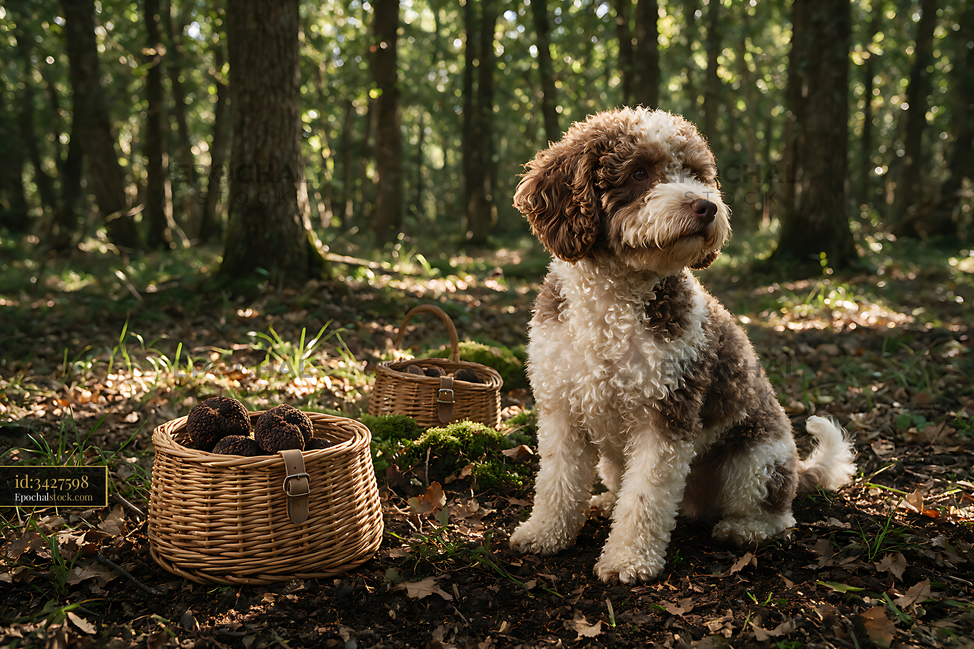 Watermarked full-resolution preview of Brown and white curly-coated dog in a sunlit woodland