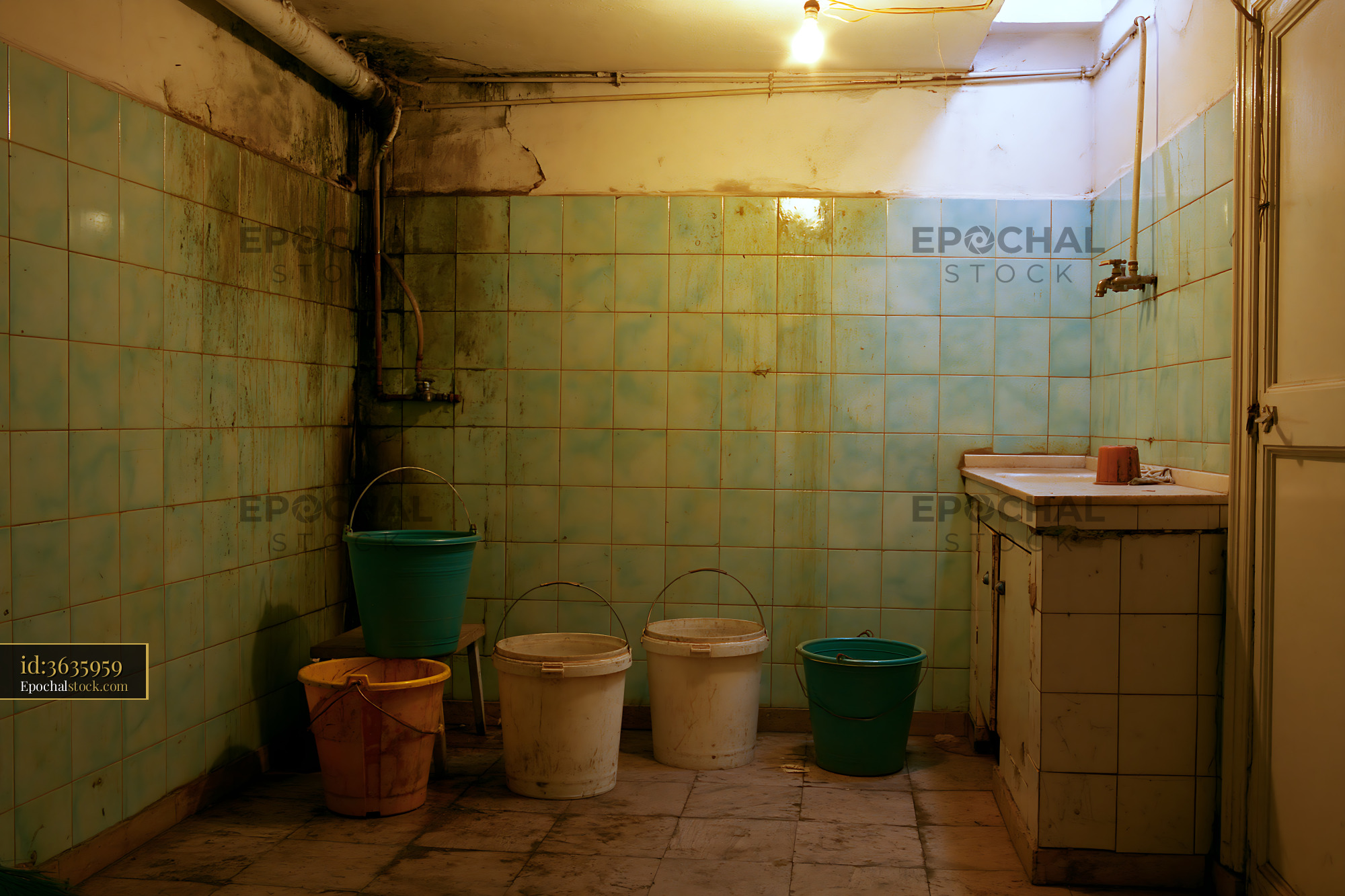 Watermarked full-resolution preview of Old tiled room with buckets and a sink in a basement area