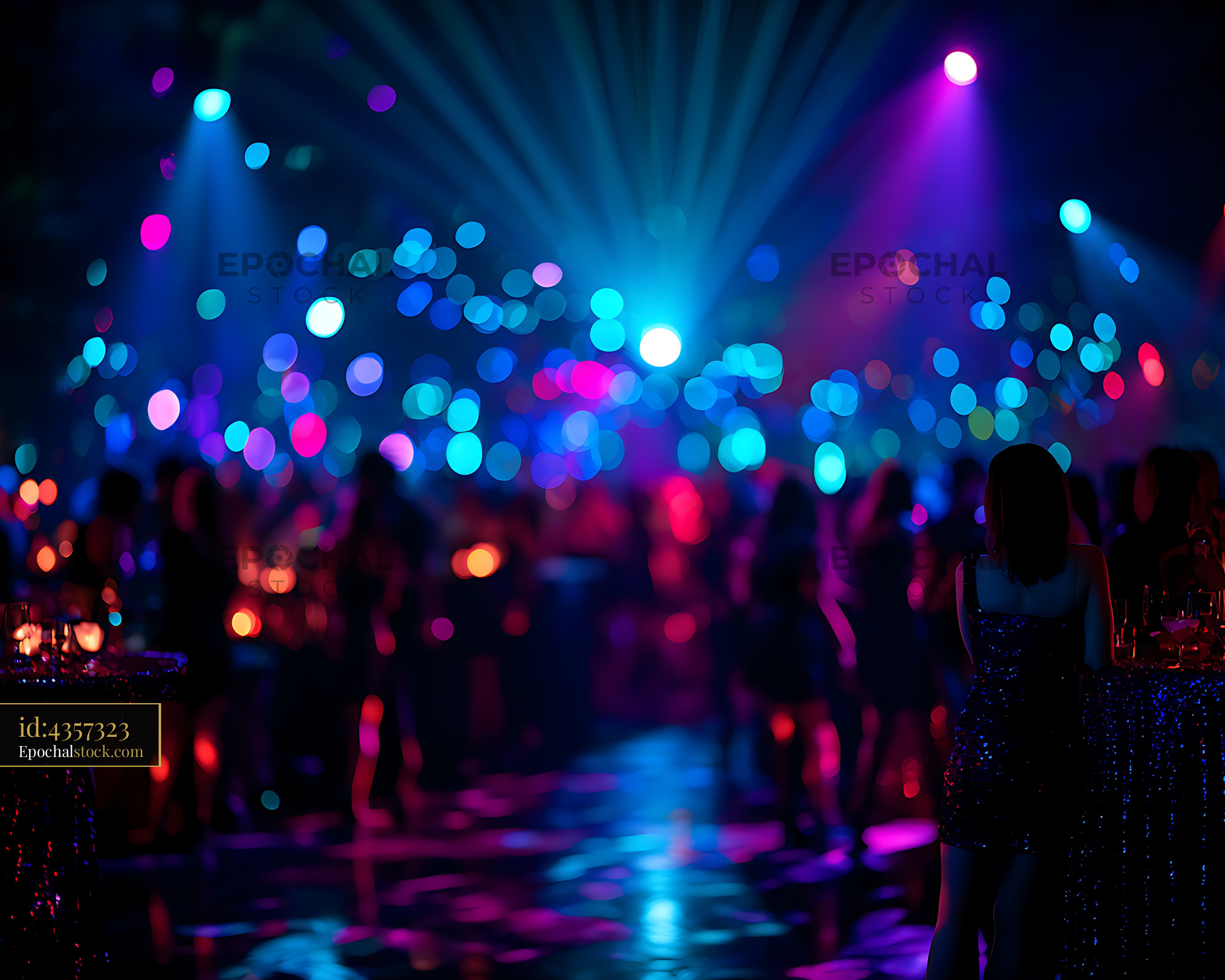 Watermarked full-resolution preview of Vibrant nightclub crowd under colorful stage lights