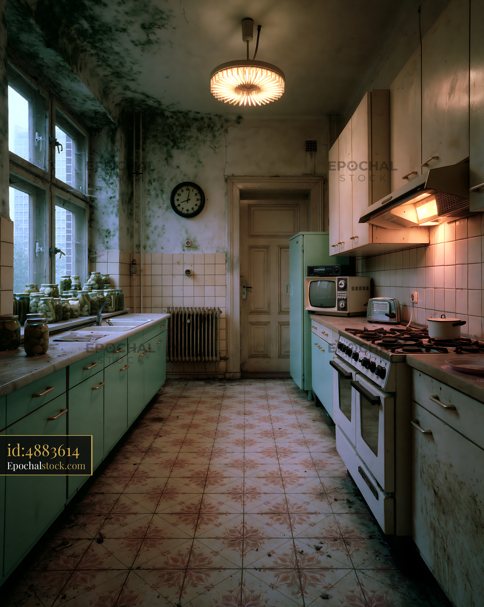Watermarked full-resolution preview of Old kitchen with peeling paint and vintage appliances in disrepair