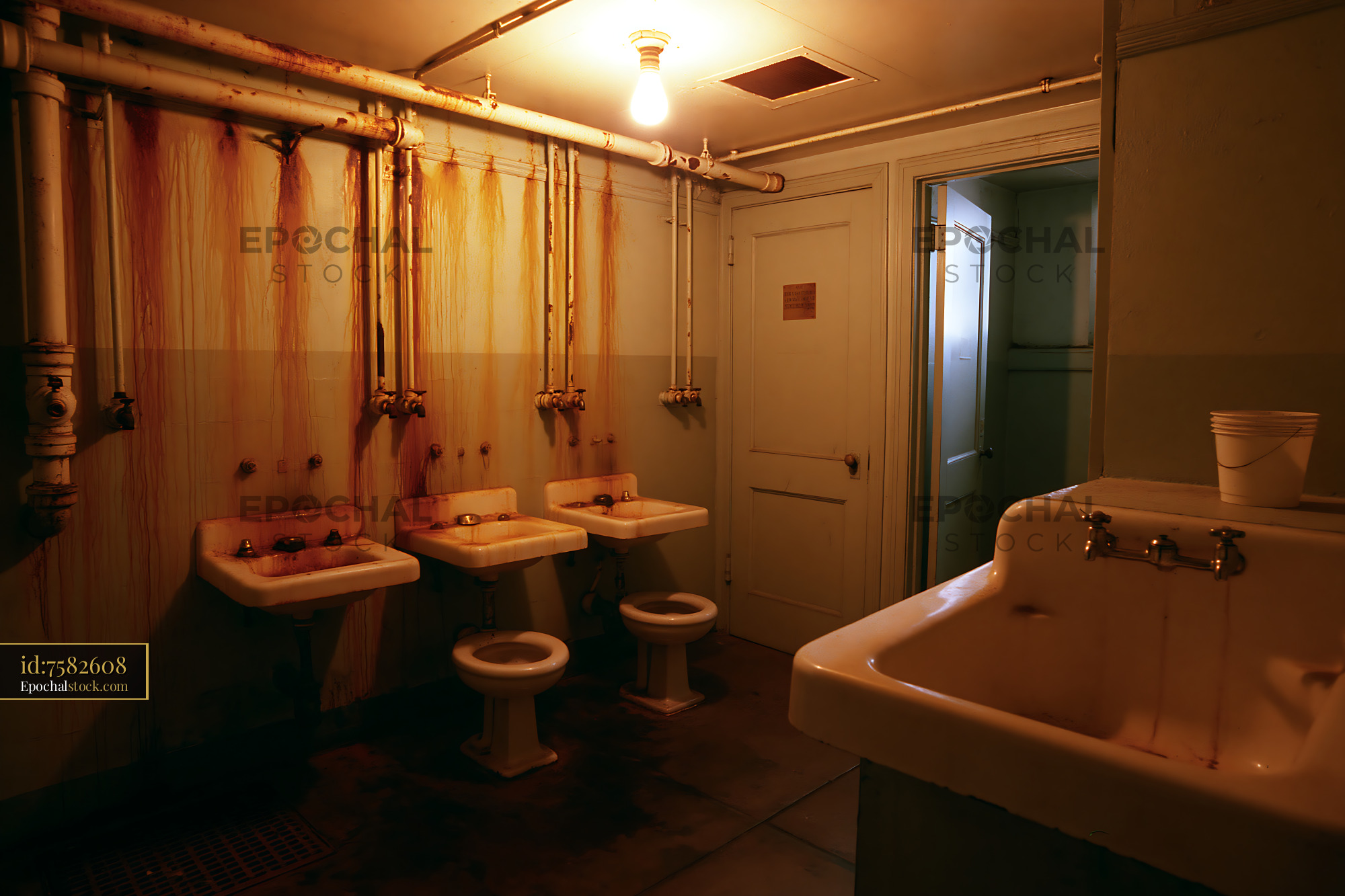 Watermarked full-resolution preview of Old bathroom with dirty sinks and pipes in a dimly lit space