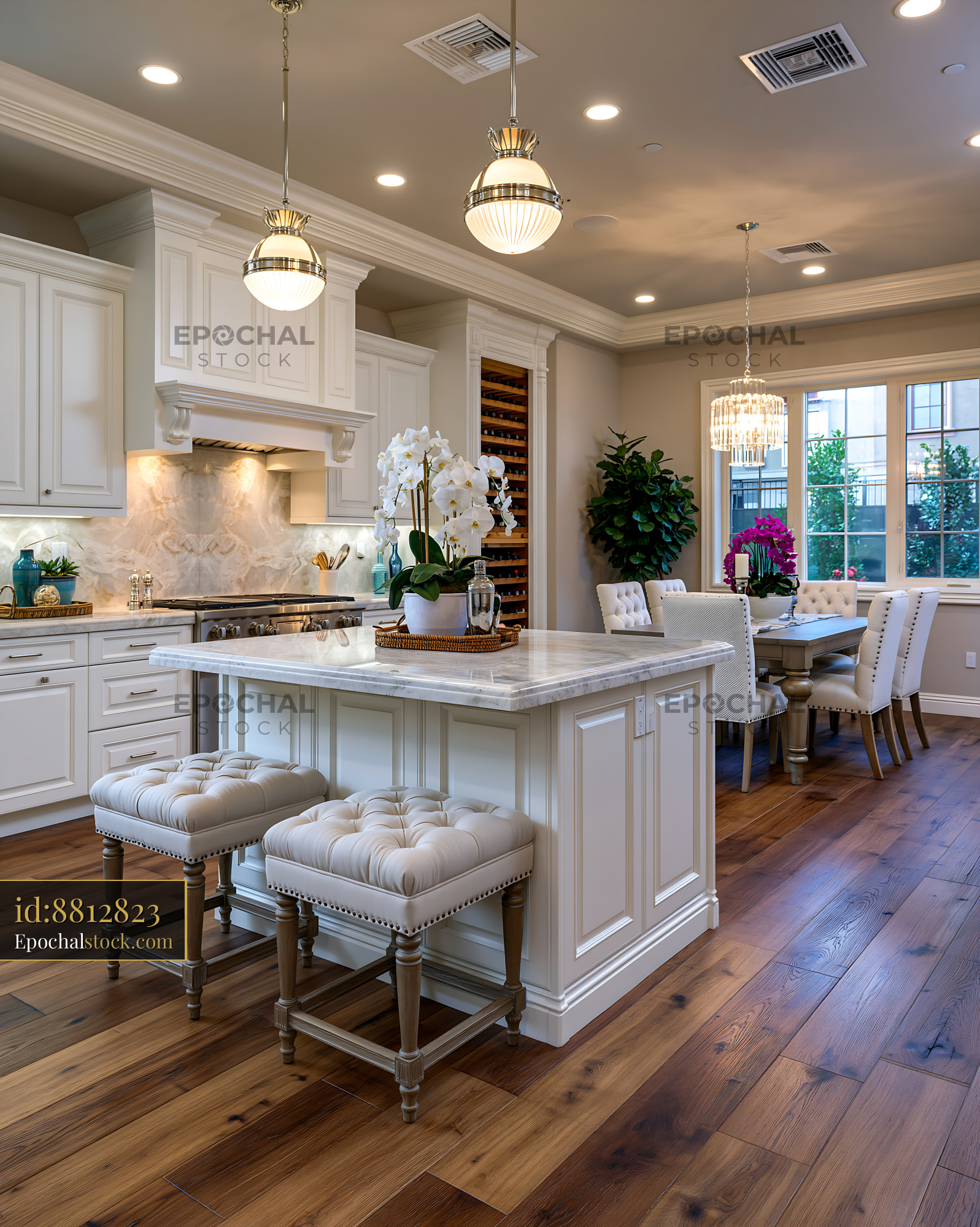 Watermarked full-resolution preview of Modern kitchen with island and dining area in a bright setting
