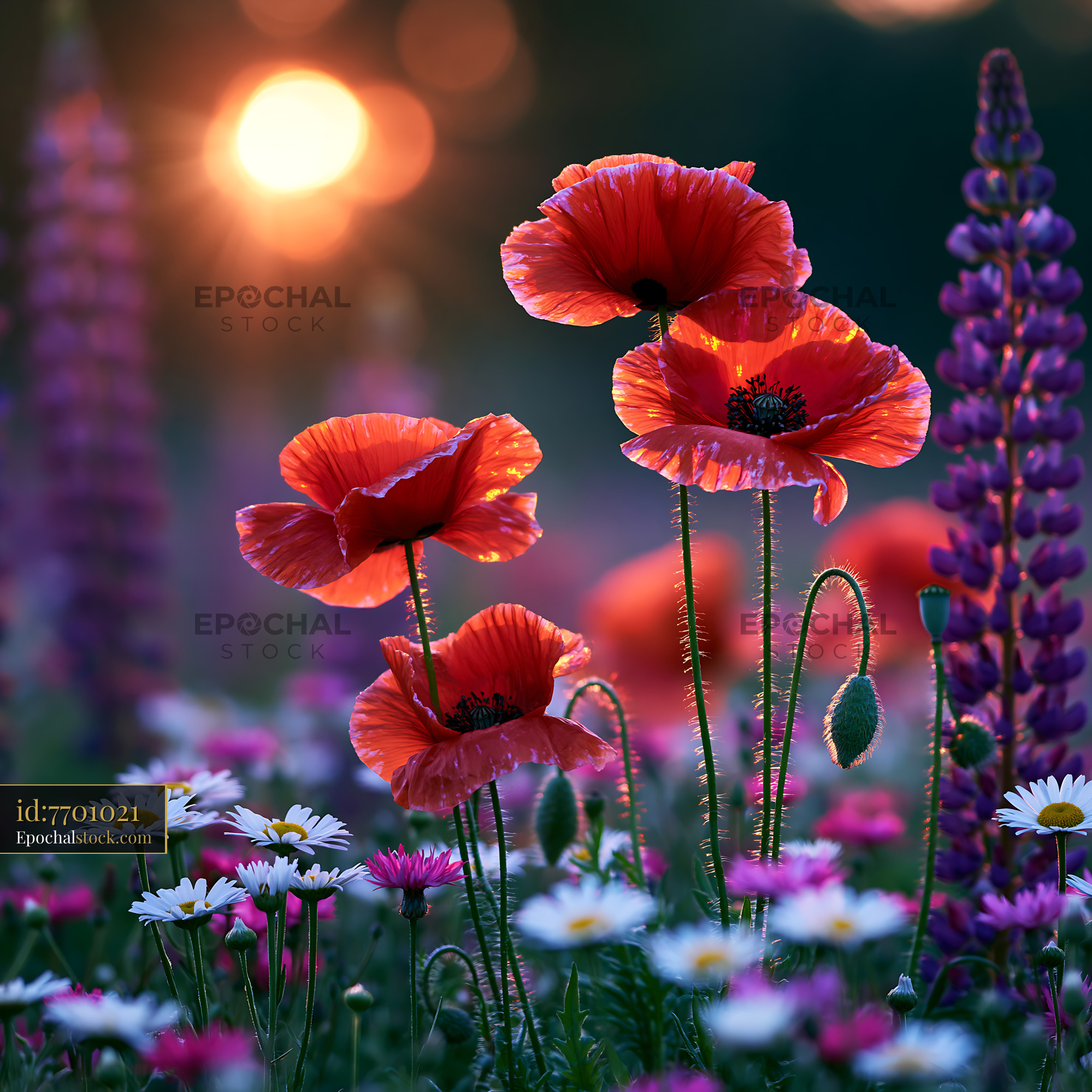 Watermarked full-resolution preview of Bright flowers under sunset light in a garden