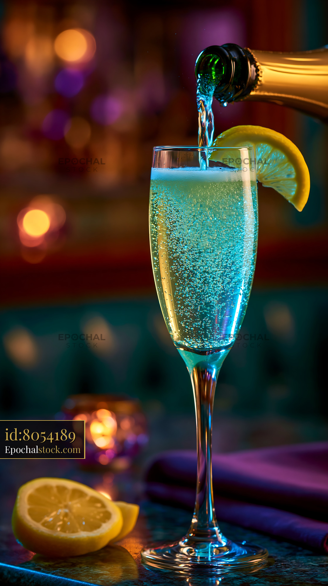 Watermarked full-resolution preview of Sparkling drink with lemon slice in a glass on a table