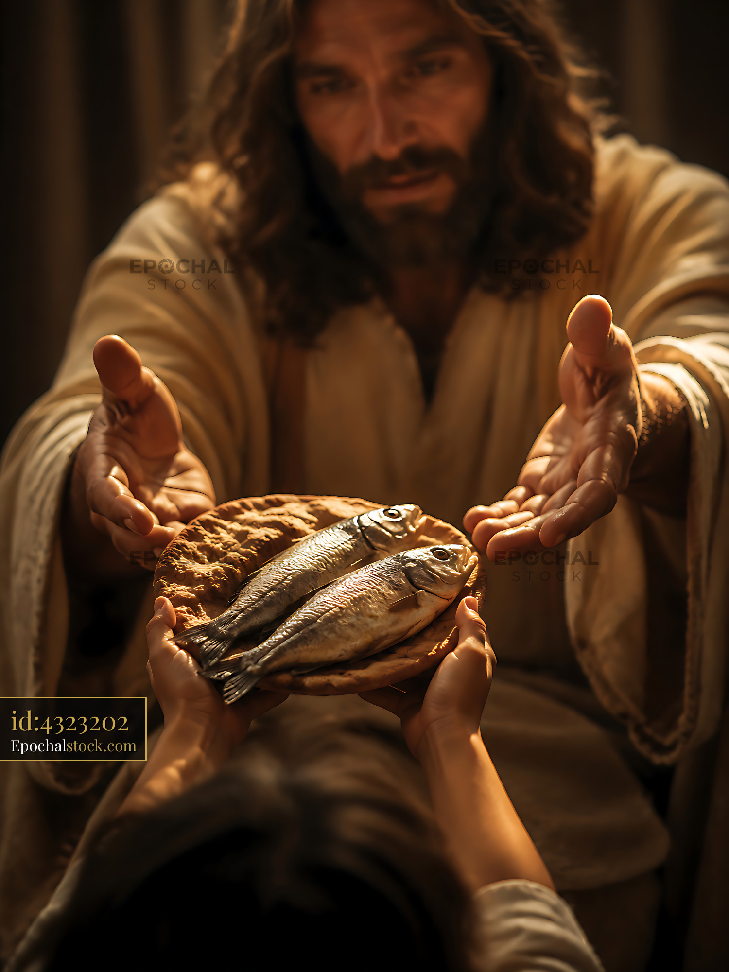 Watermarked full-resolution preview of Jesus offers fish and bread to a young person