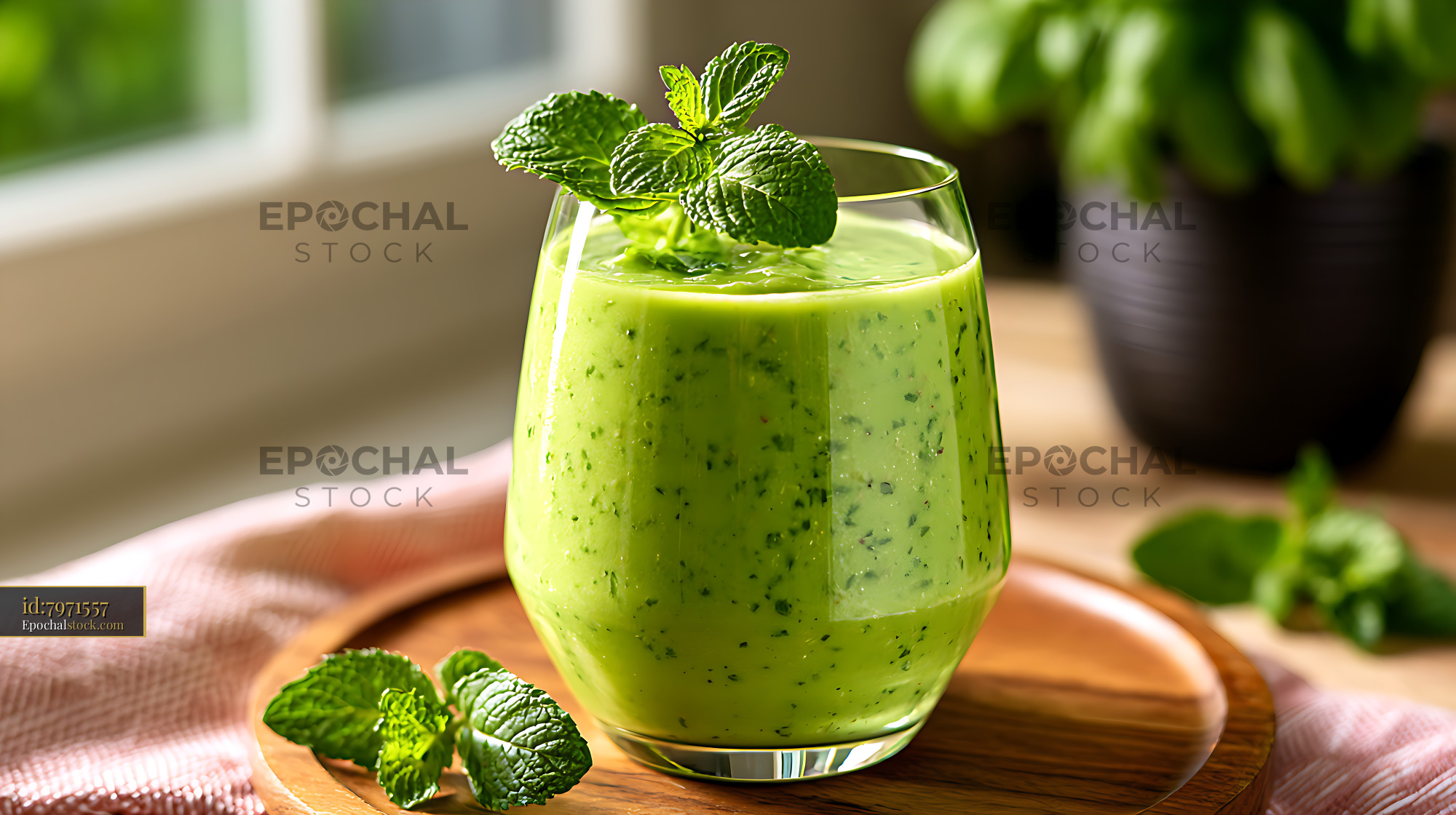 Watermarked full-resolution preview of Fresh green smoothie topped with mint leaves