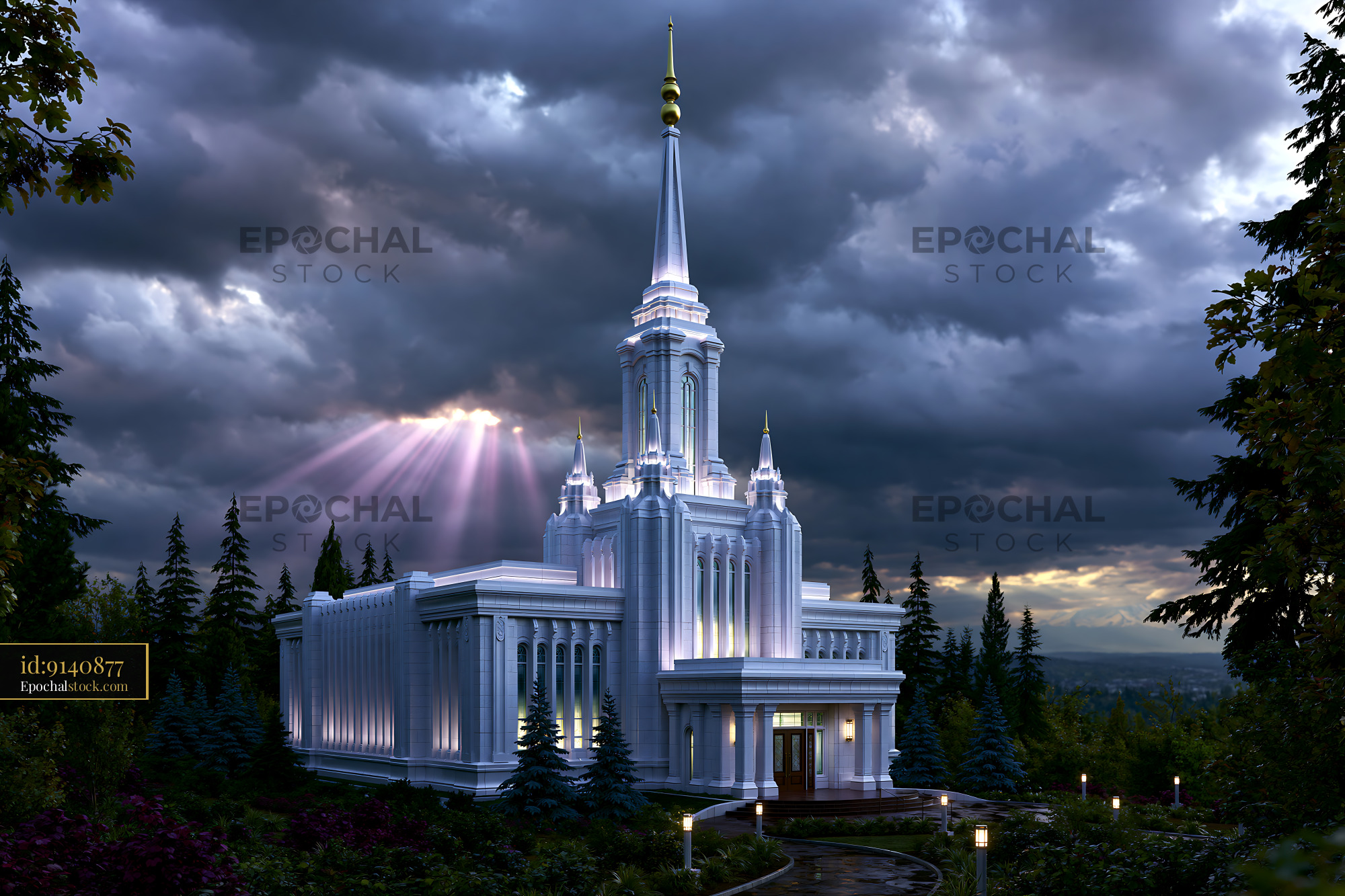 Watermarked full-resolution preview of Bright building under cloudy skies at sunset