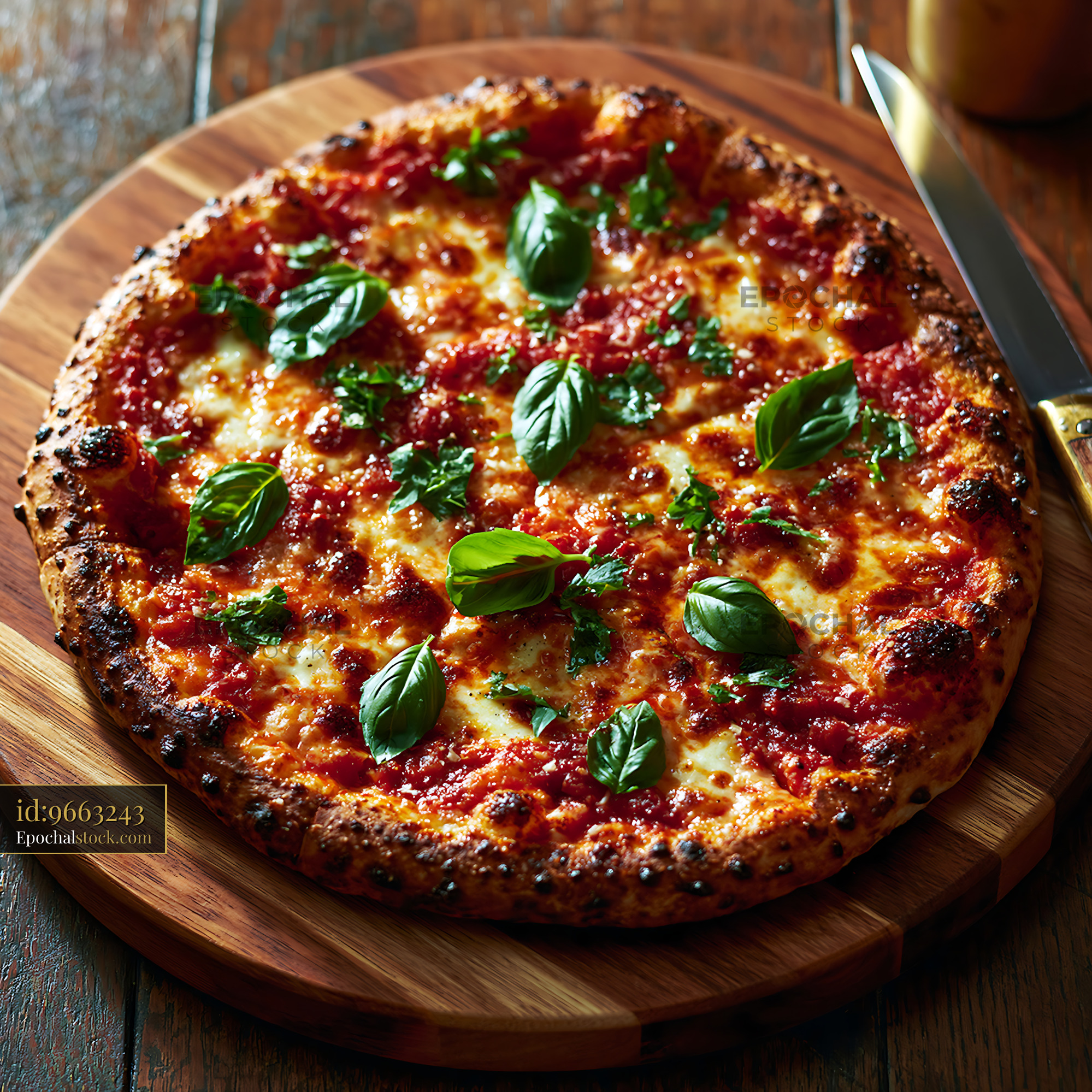 Watermarked full-resolution preview of Freshly baked pizza with basil on a wooden board