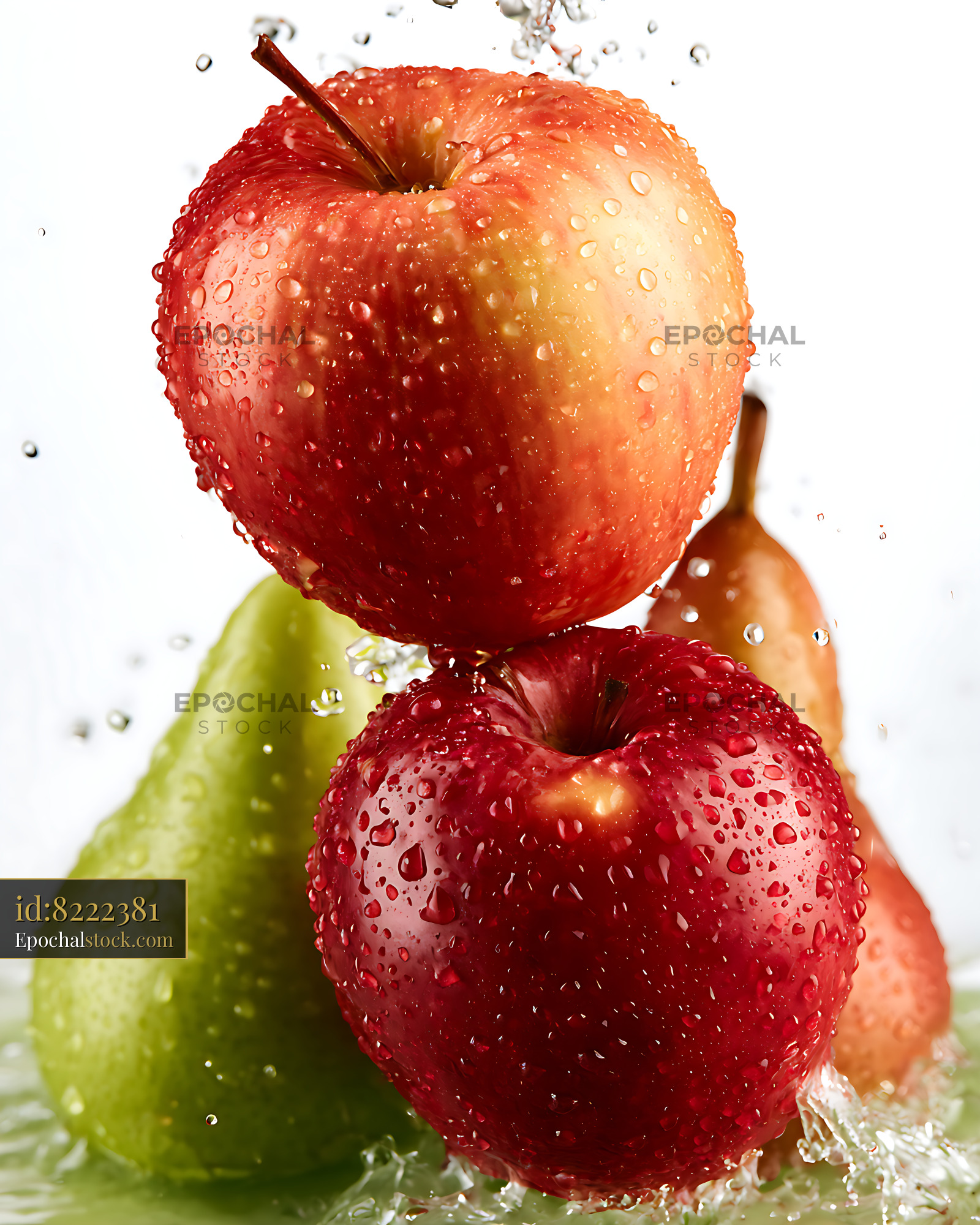 Watermarked full-resolution preview of Fresh apples and pears splash in water against a light background