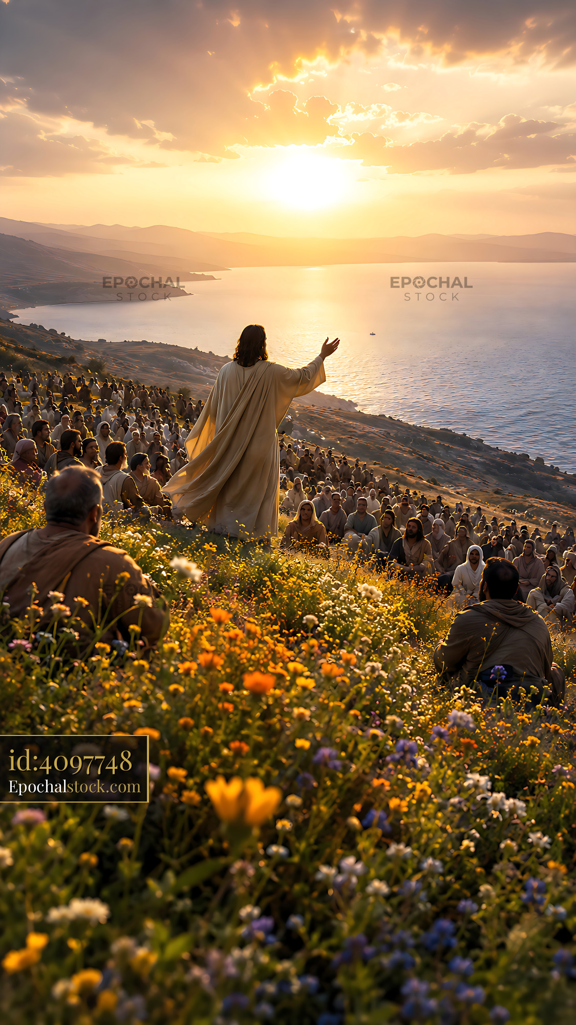 Watermarked full-resolution preview of Gathering on a hillside at sunset by a lake