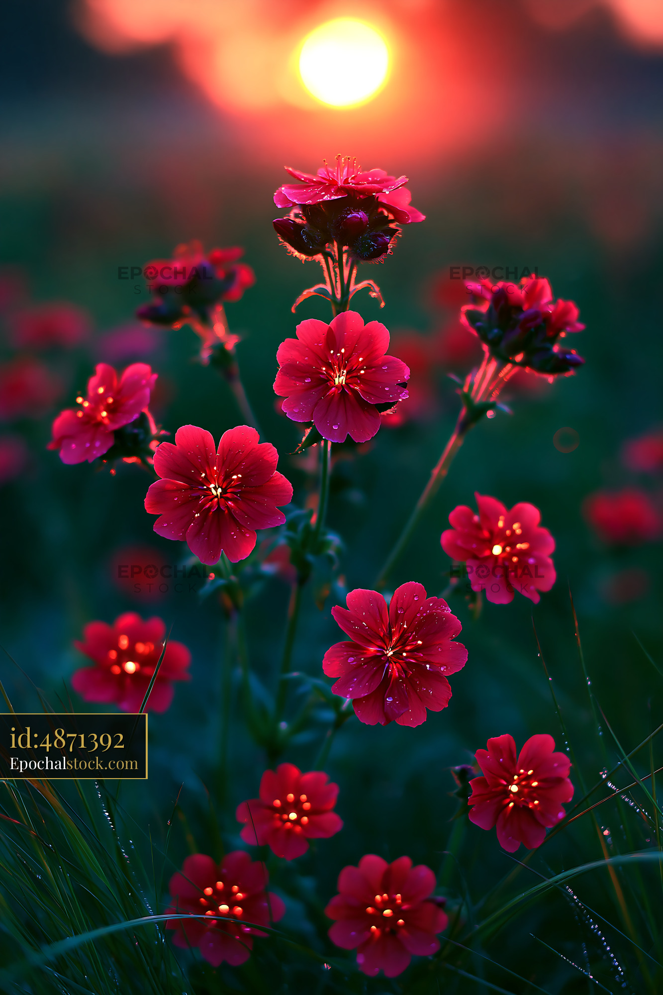Watermarked full-resolution preview of Close-up of red flowers during sunset in a field