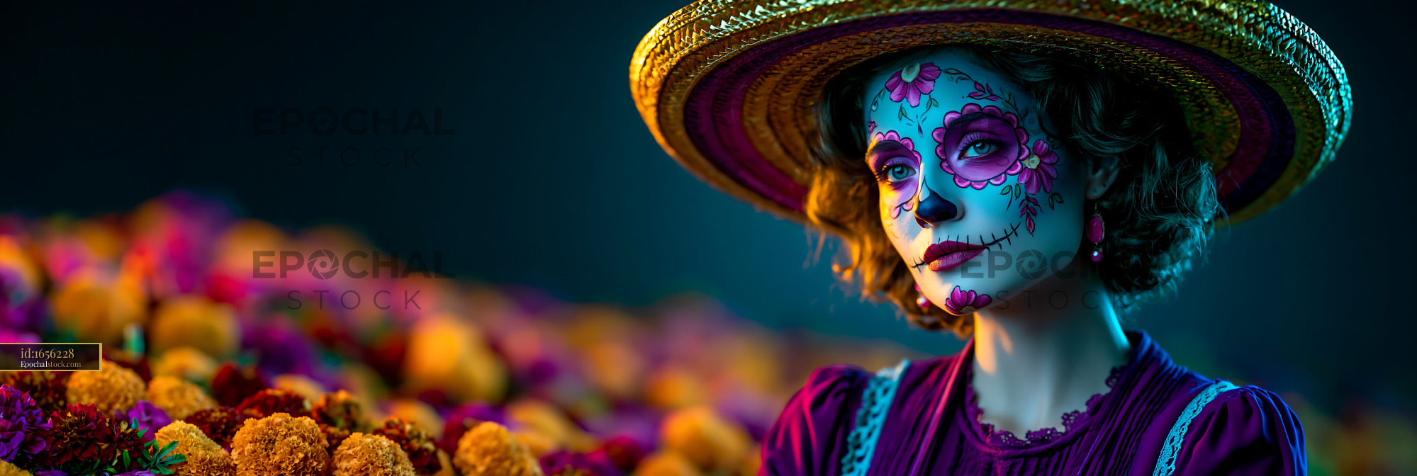 Watermarked full-resolution preview of Woman with sugar skull makeup and large straw hat at a festival