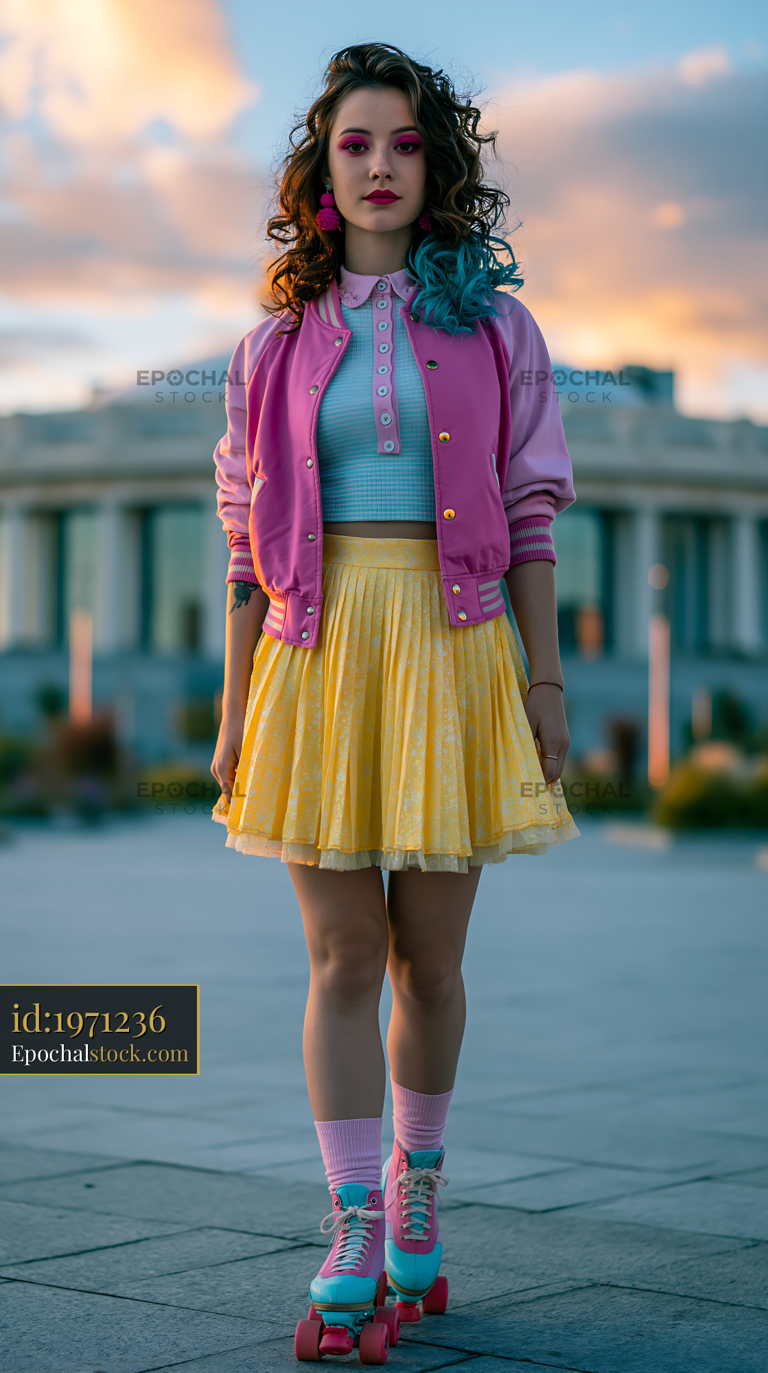 Watermarked full-resolution preview of Young woman in roller skates poses in colorful outfit outdoors