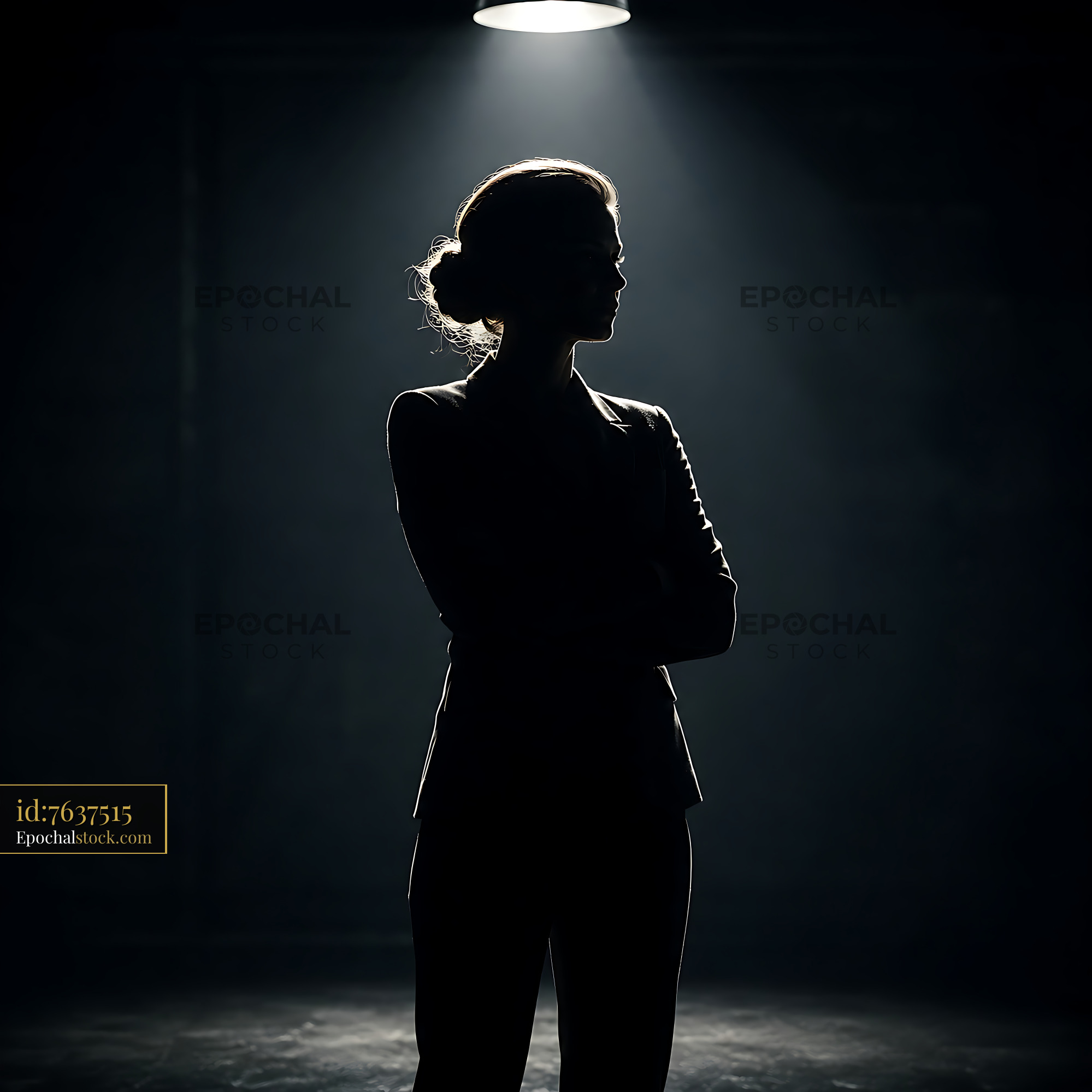 Watermarked full-resolution preview of Silhouette of a person under a spotlight indoors
