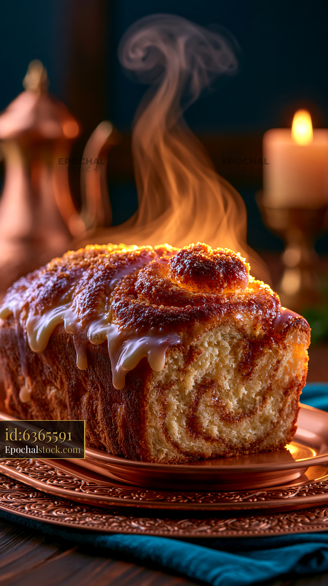 Watermarked full-resolution preview of Freshly baked cinnamon roll loaf on a wooden table