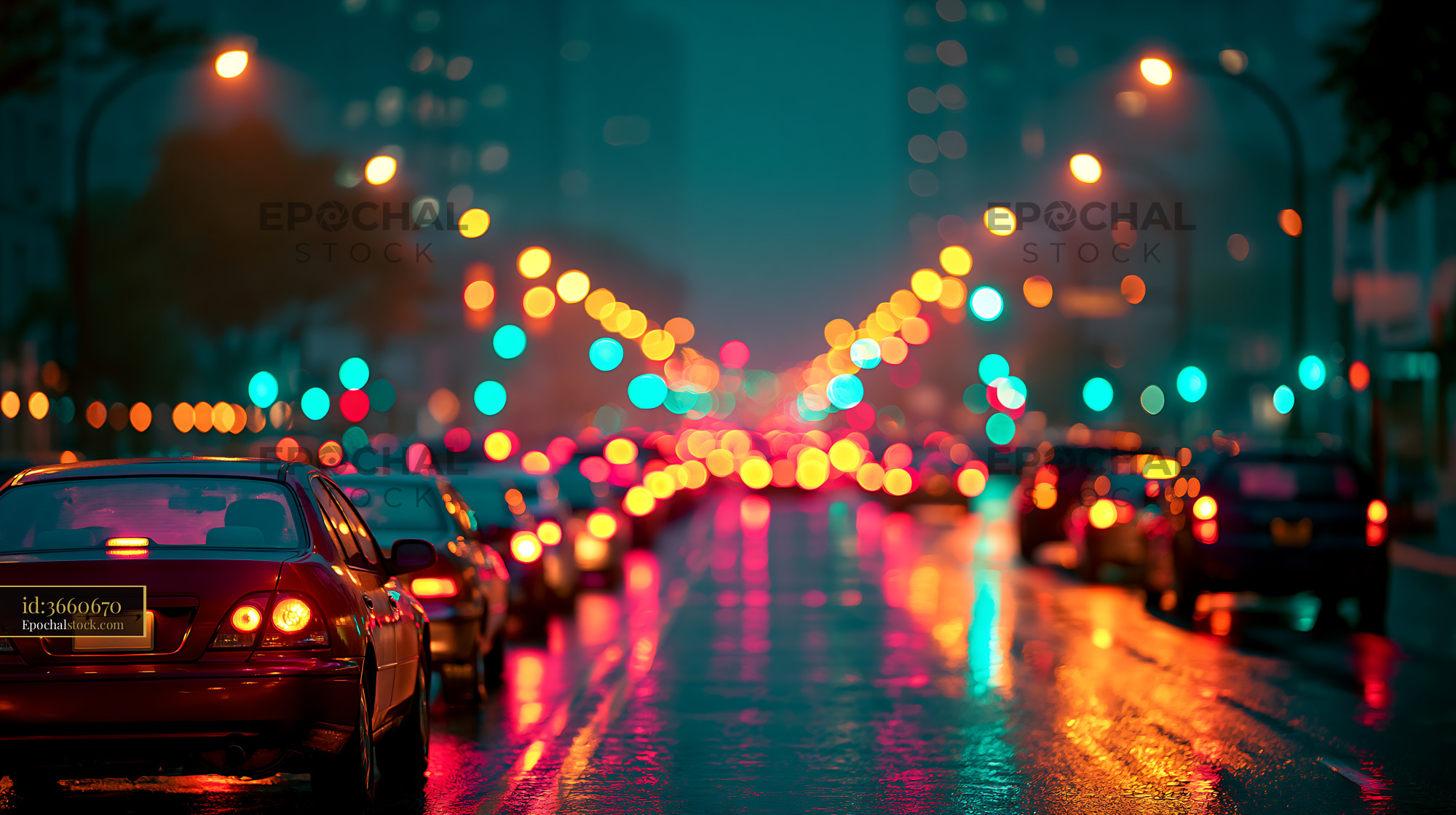 Watermarked full-resolution preview of City street at night with cars and colorful lights