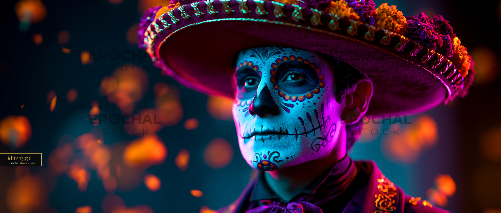 Watermarked full-resolution preview of Man with skeleton face paint and sombrero during festival celebration