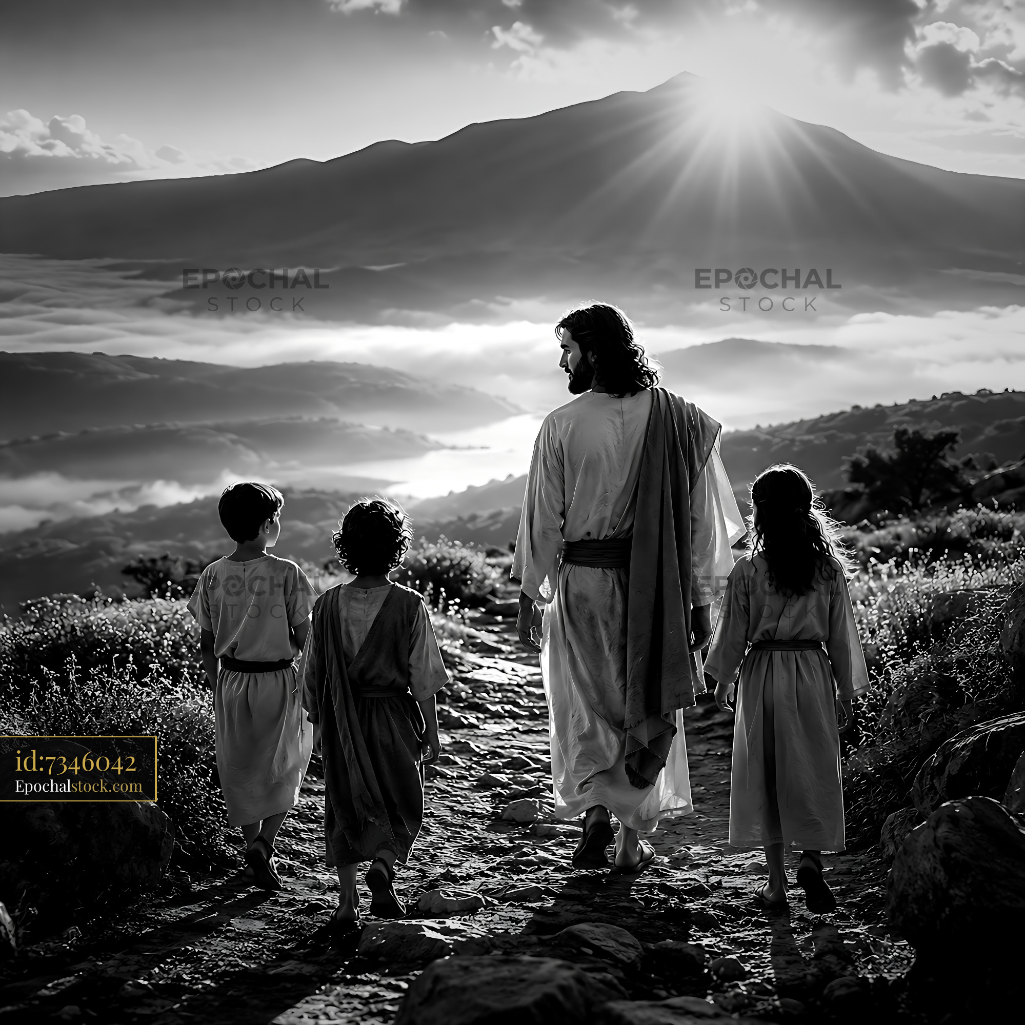 Watermarked full-resolution preview of Walking on a path with children towards a mountain