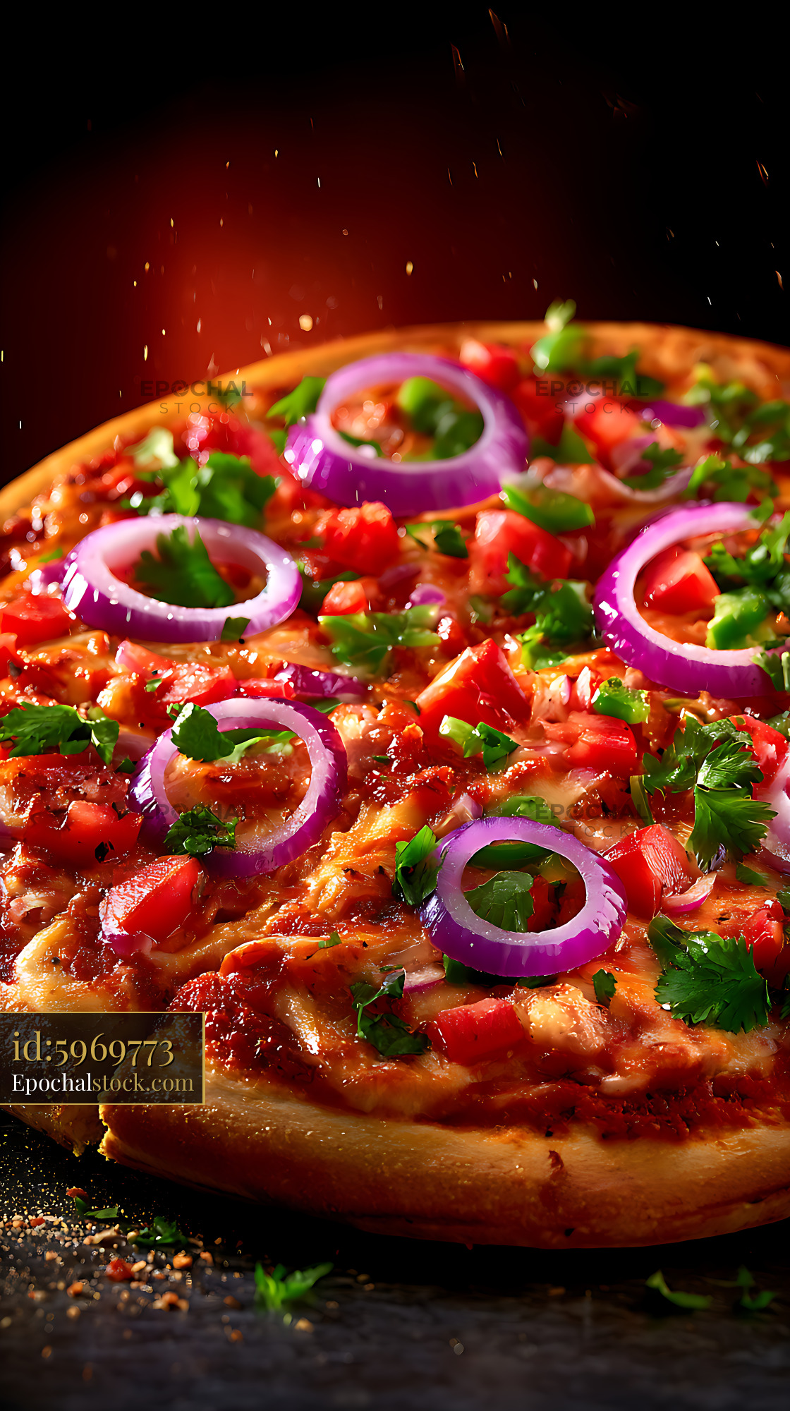 Watermarked full-resolution preview of Fresh vegetable pizza with red onion and herbs