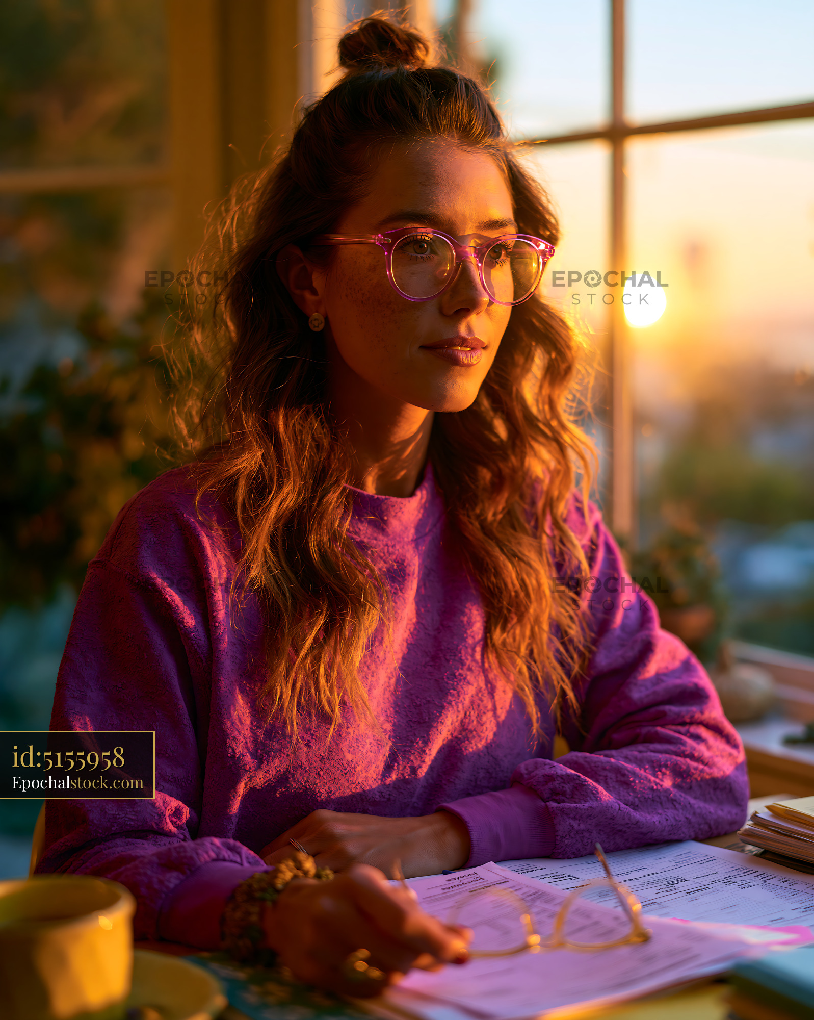 Watermarked full-resolution preview of Woman studies documents by window at sunset