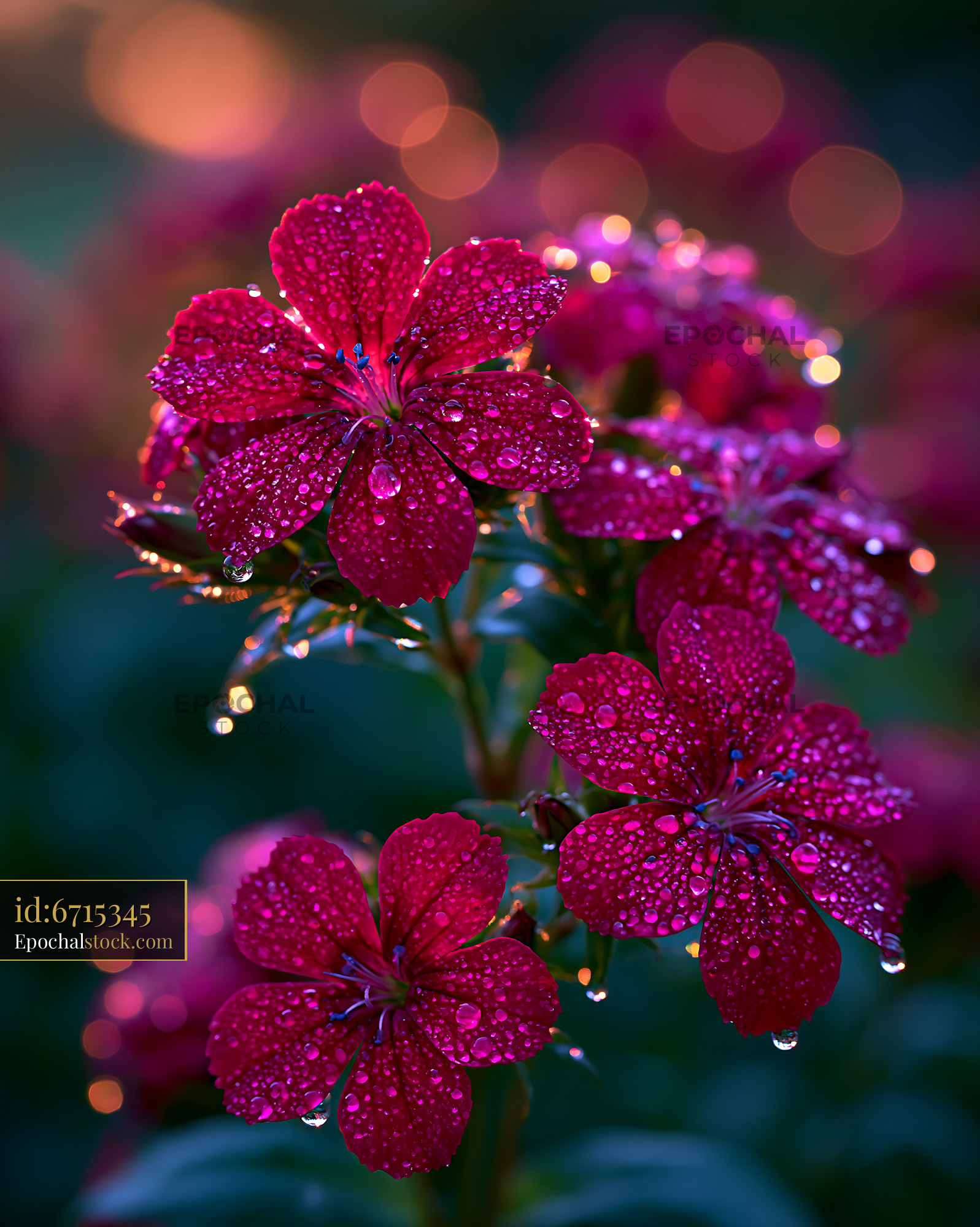 Watermarked full-resolution preview of Pink flowers covered in morning dew with sunlight glimmering