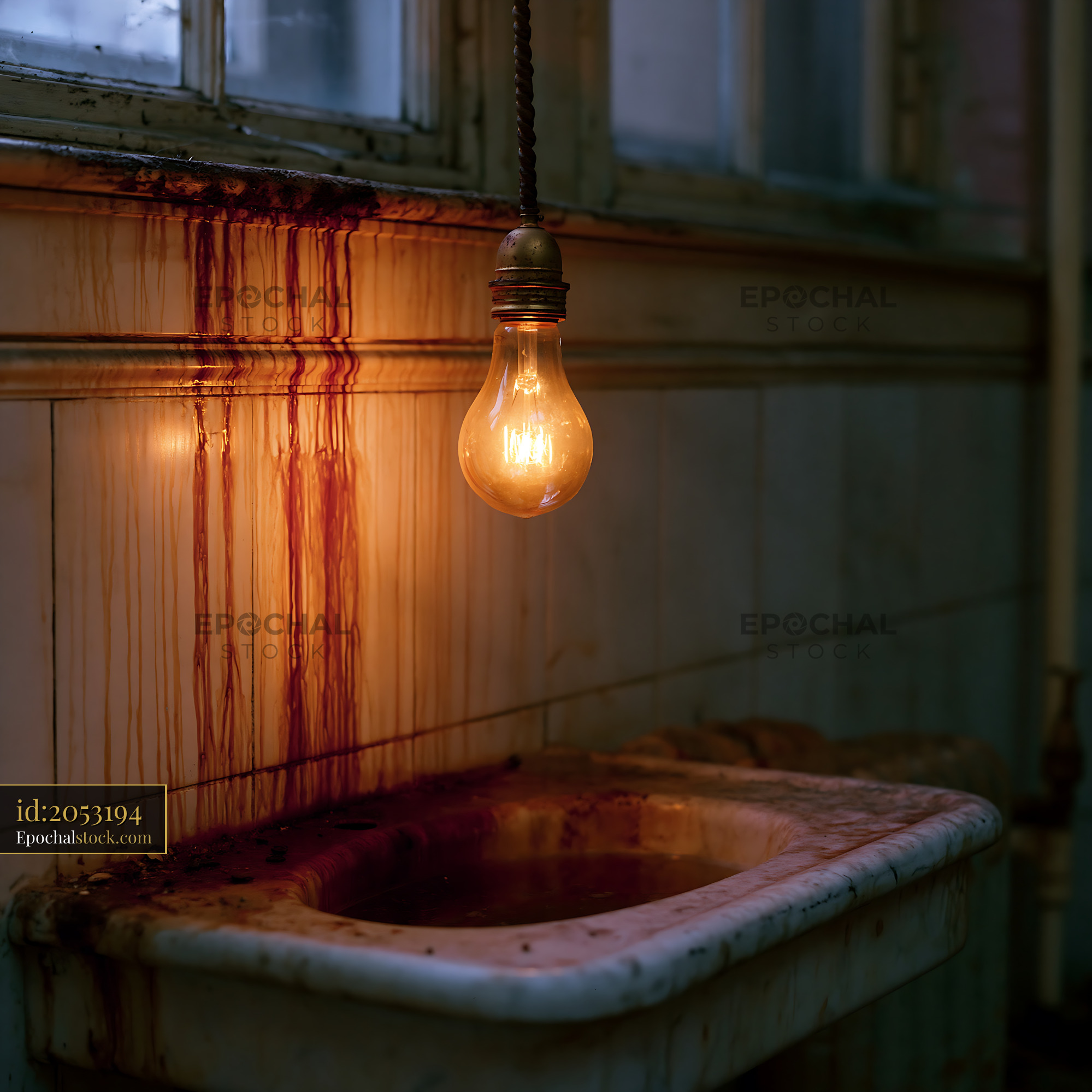 Watermarked full-resolution preview of Light bulb hangs over a dirty sink with red stains on the wall