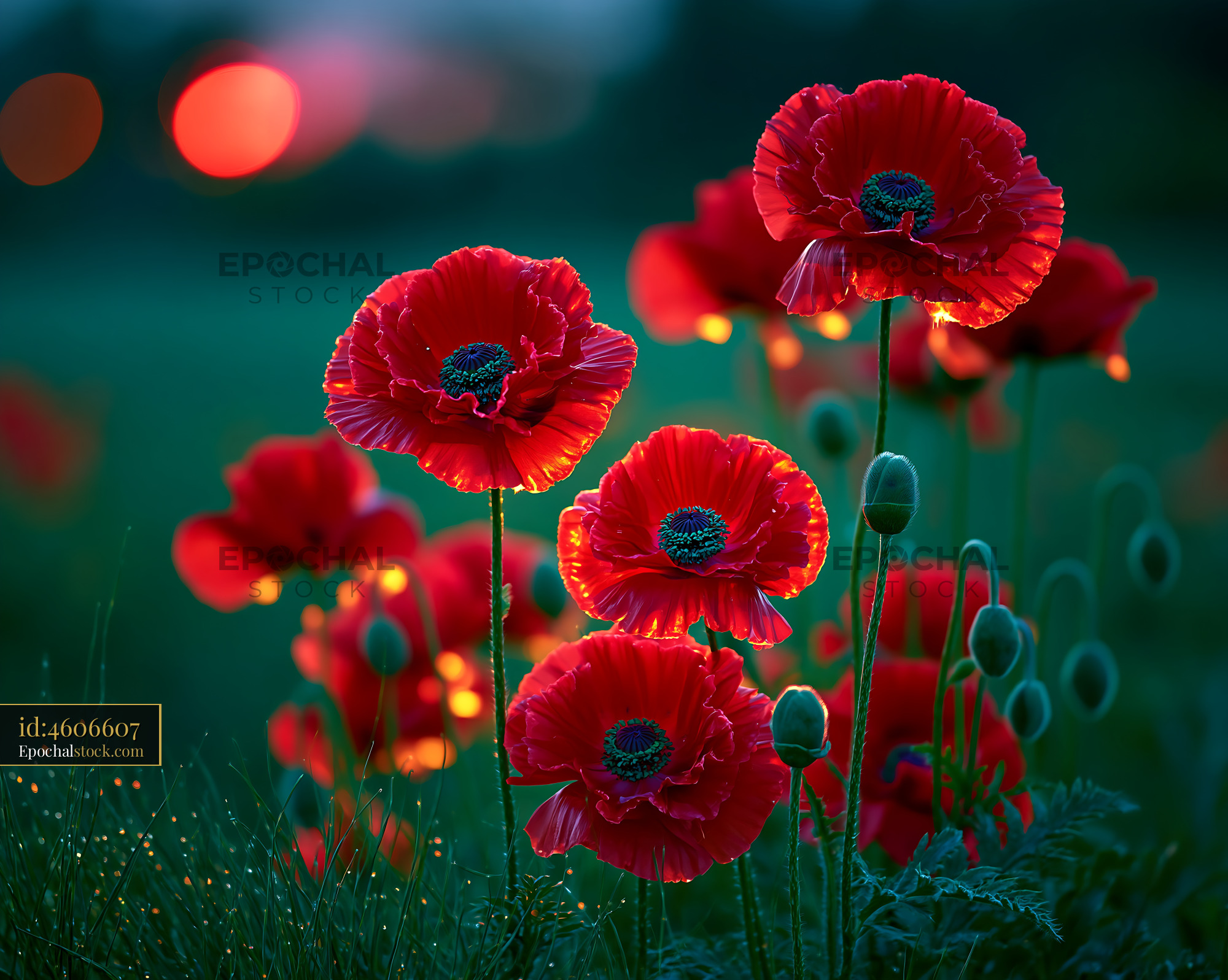 Watermarked full-resolution preview of Bright red poppies in a green field at sunset