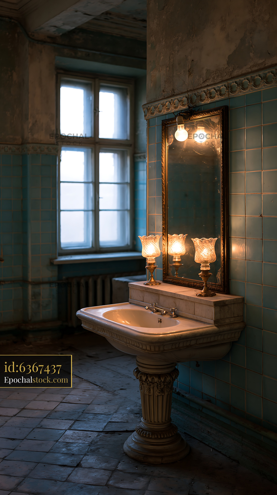 Watermarked full-resolution preview of Old bathroom with sink and mirror in an abandoned building