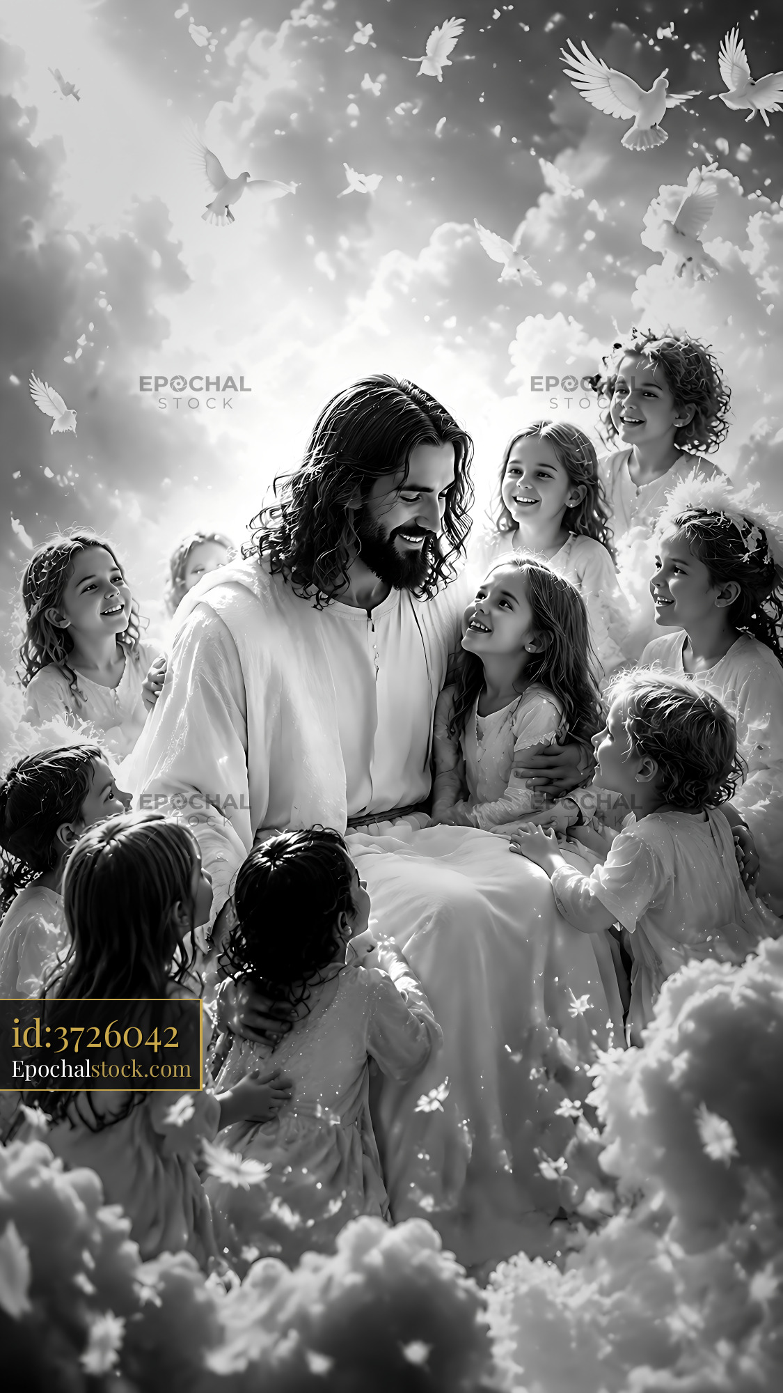 Watermarked full-resolution preview of Children gather around a figure sitting among clouds