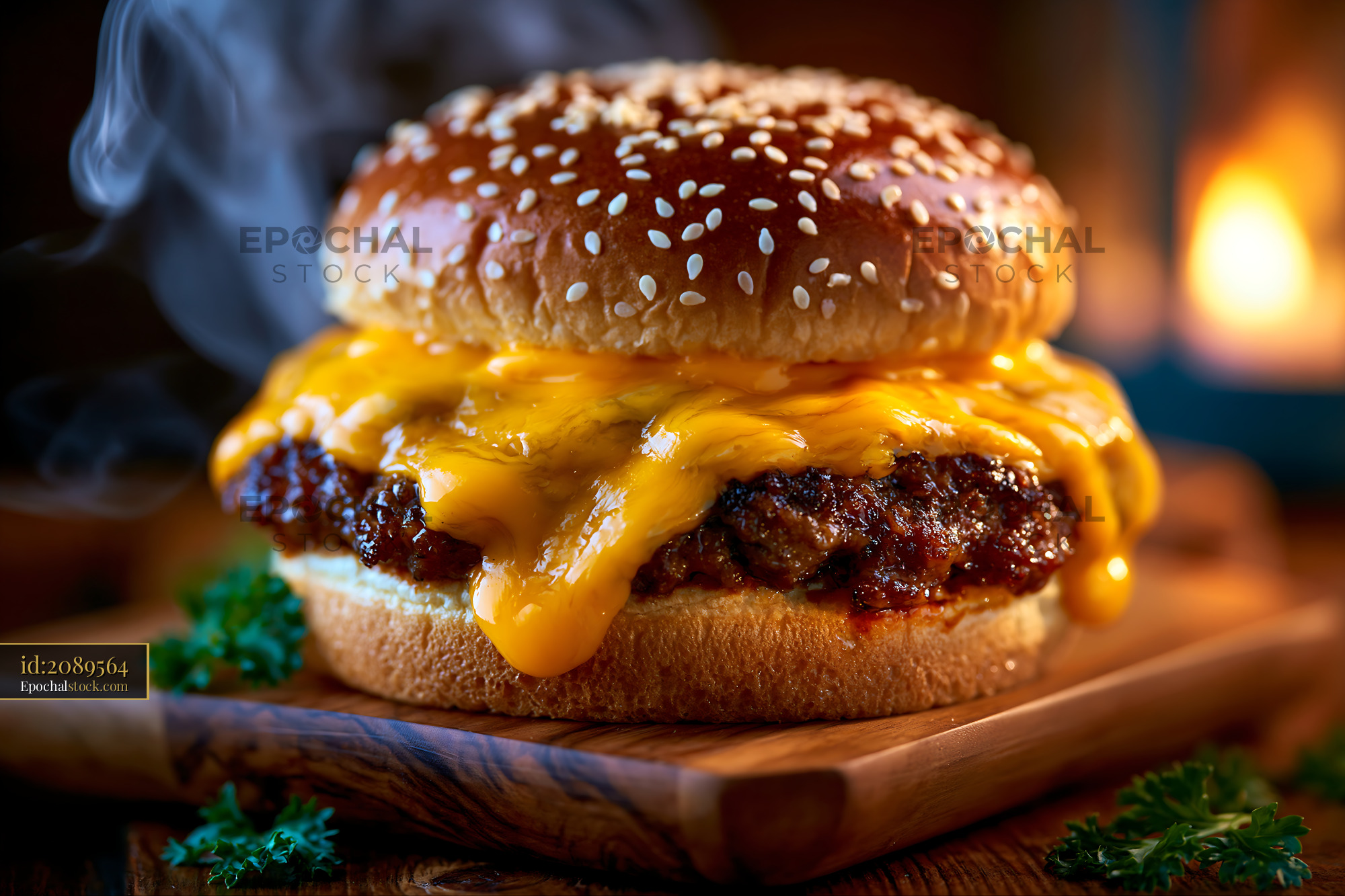 Watermarked full-resolution preview of Melted cheese burger on a wooden board with aromatic smoke