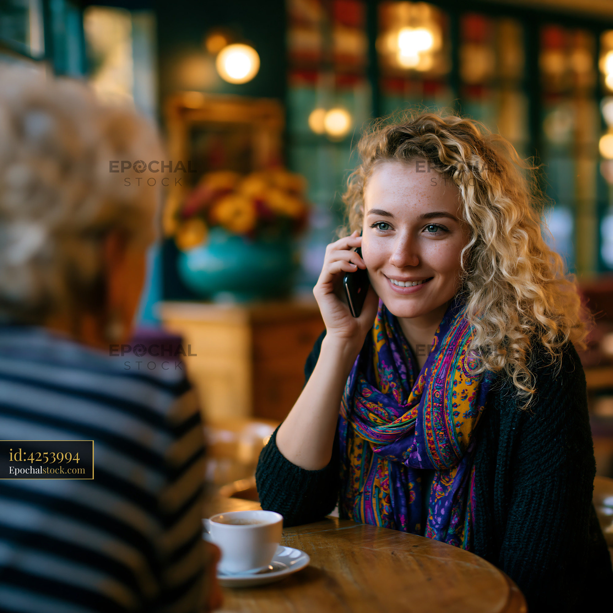 Watermarked full-resolution preview of Woman talking on phone while sitting in cafe with friend