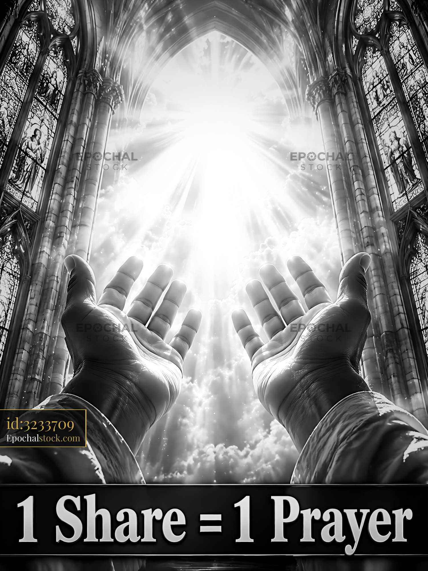Hands Reaching Toward Light in a Cathedral With Stained Glass - stock photo