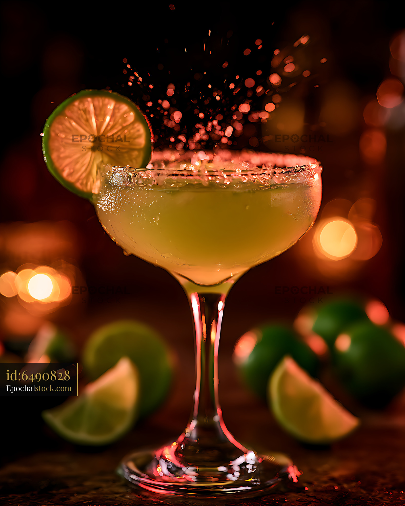 Watermarked full-resolution preview of Dramatic lime cocktail with salt rim and warm bokeh