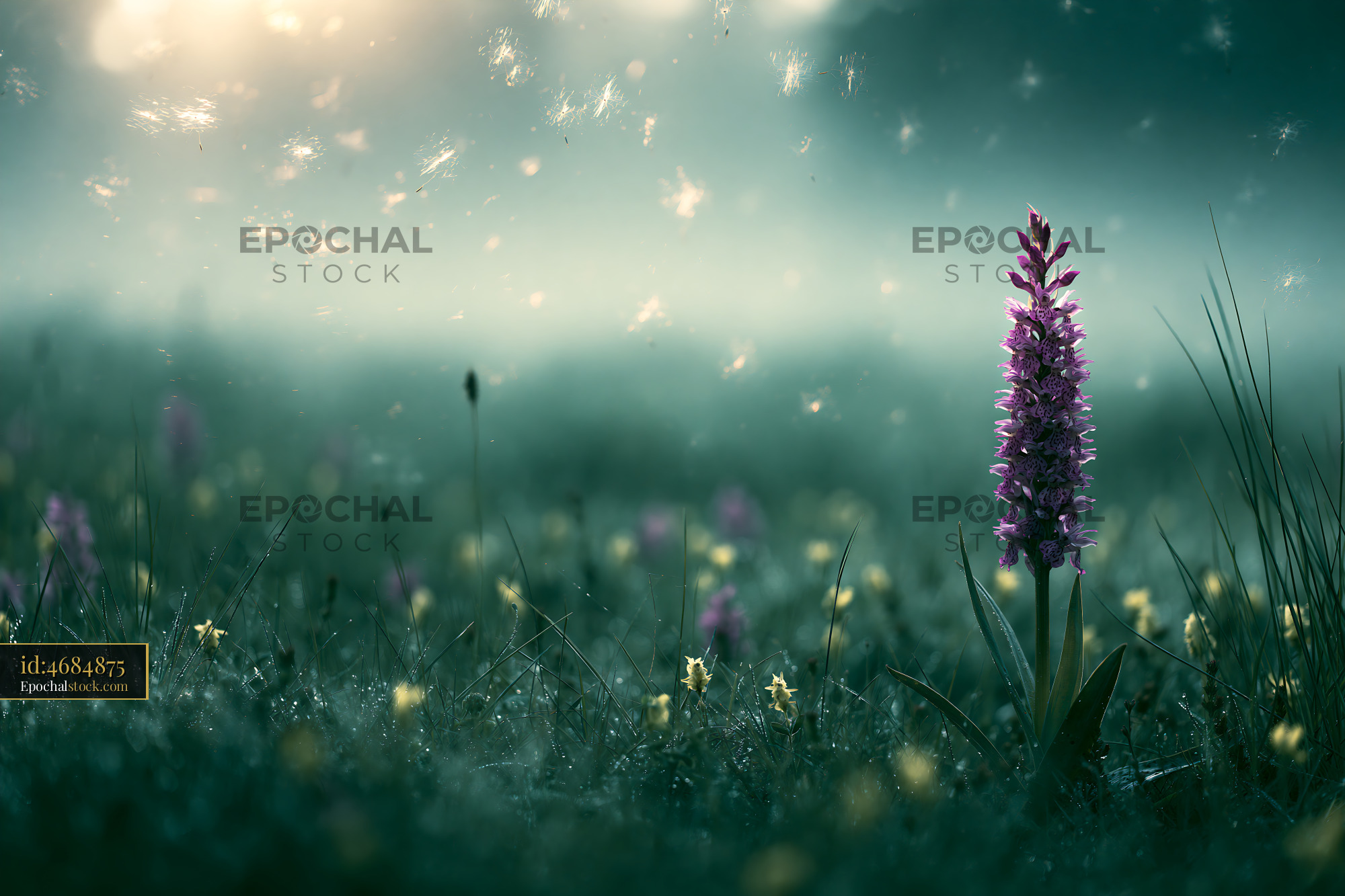 Watermarked full-resolution preview of Foggy field with blooming purple flower and other plants