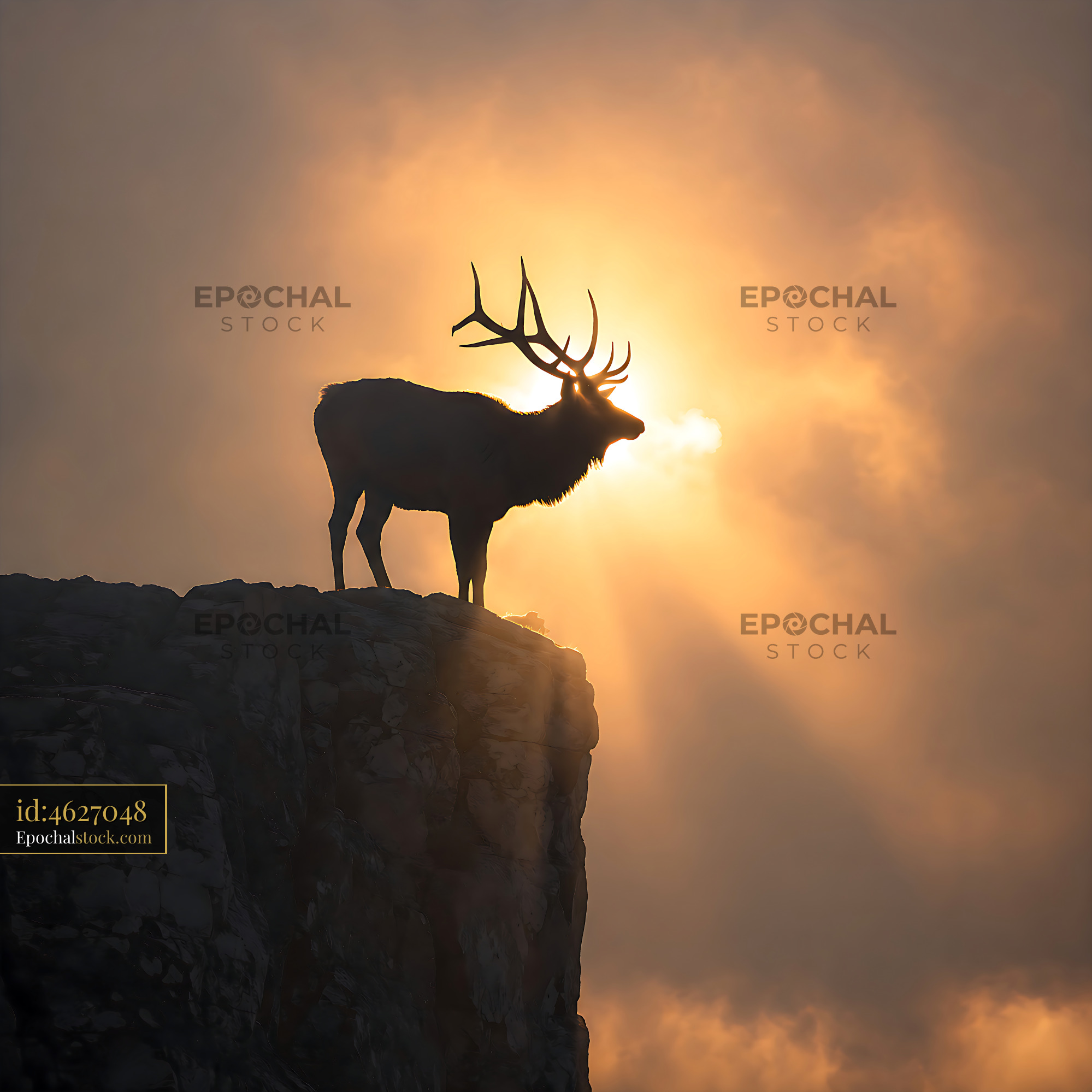 Watermarked full-resolution preview of Stag silhouette against a bright sunrise on a rocky cliff