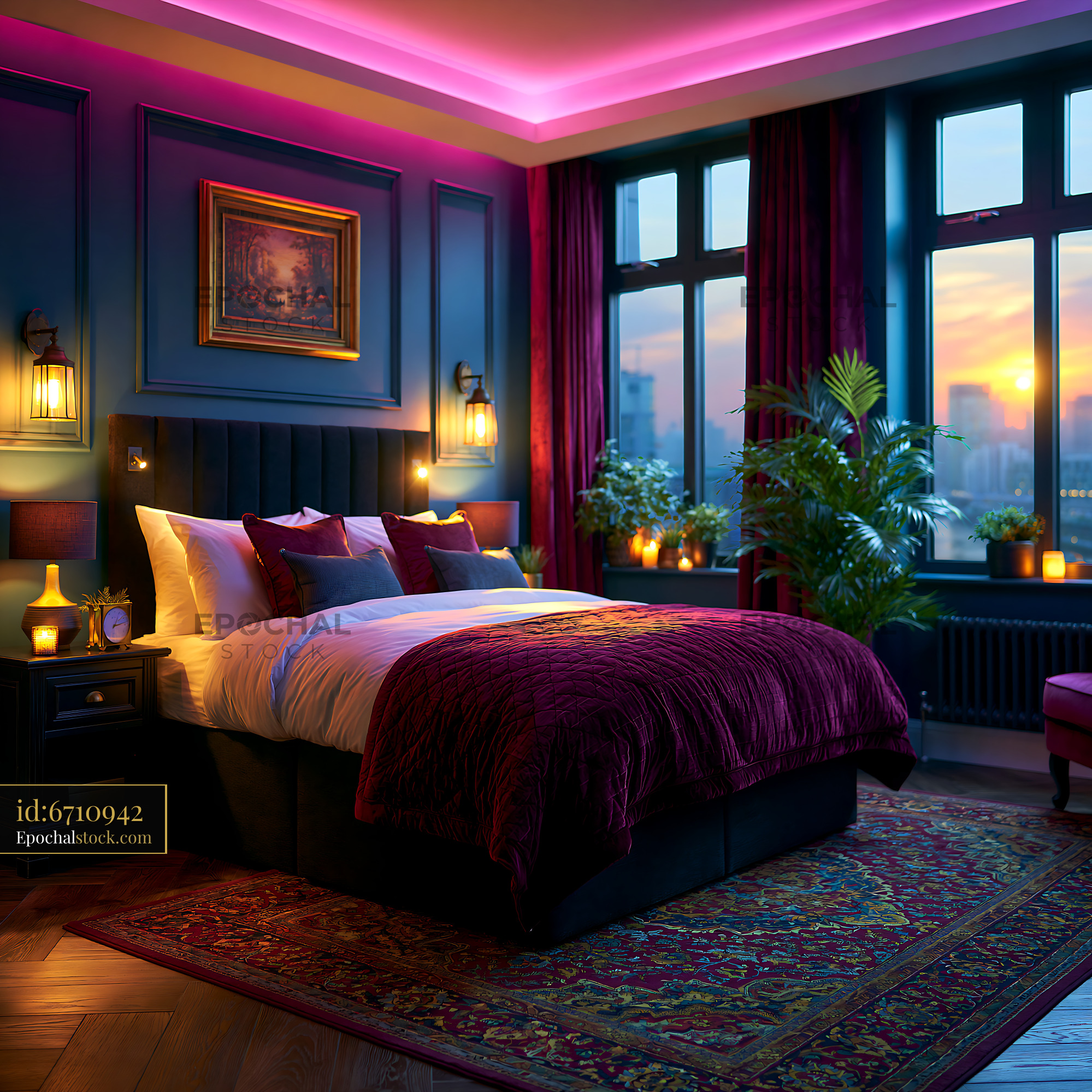 Watermarked full-resolution preview of Cozy bedroom with modern decor and evening city view