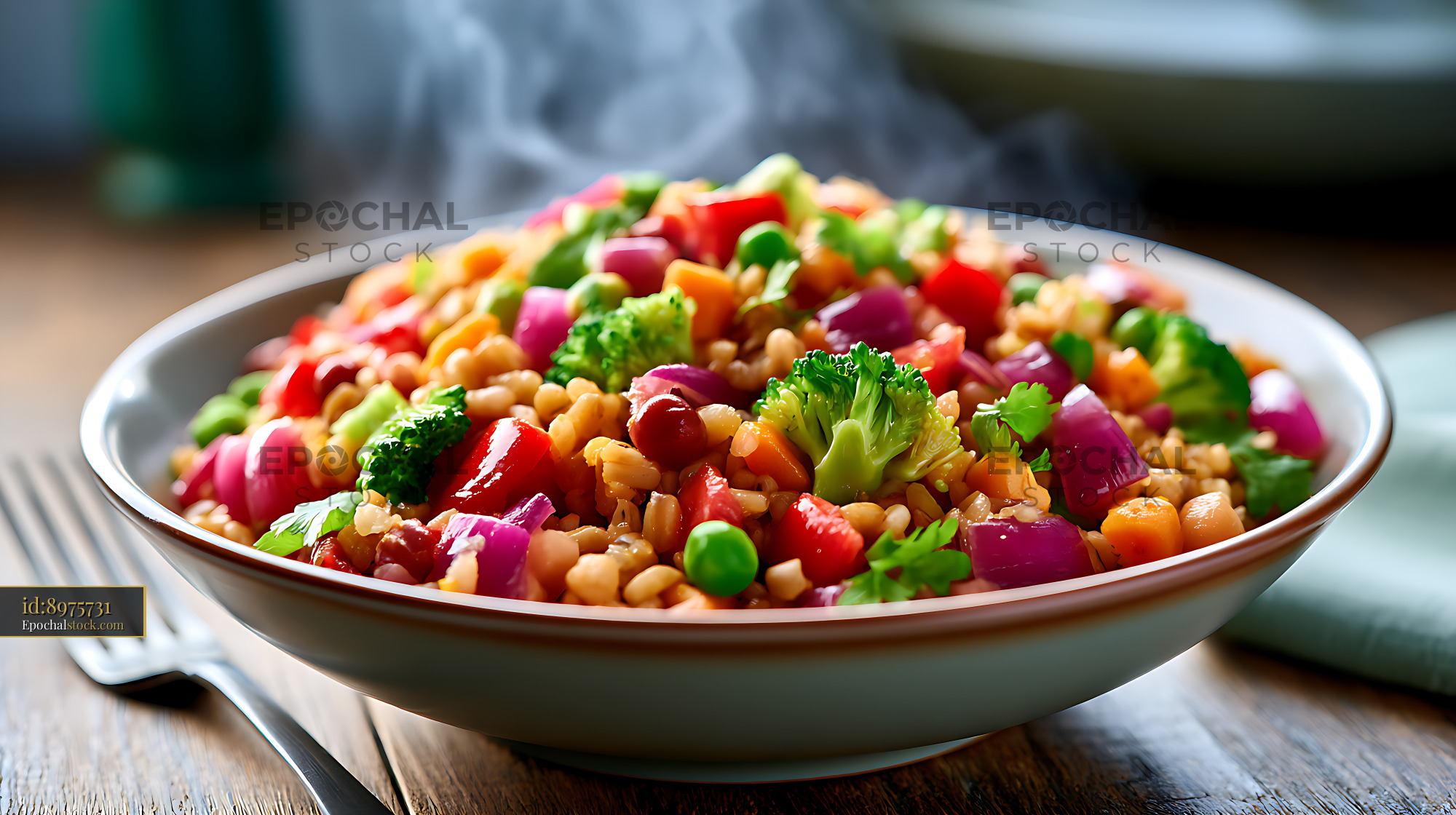 Watermarked full-resolution preview of Fresh colorful vegetable grain salad served in bowl