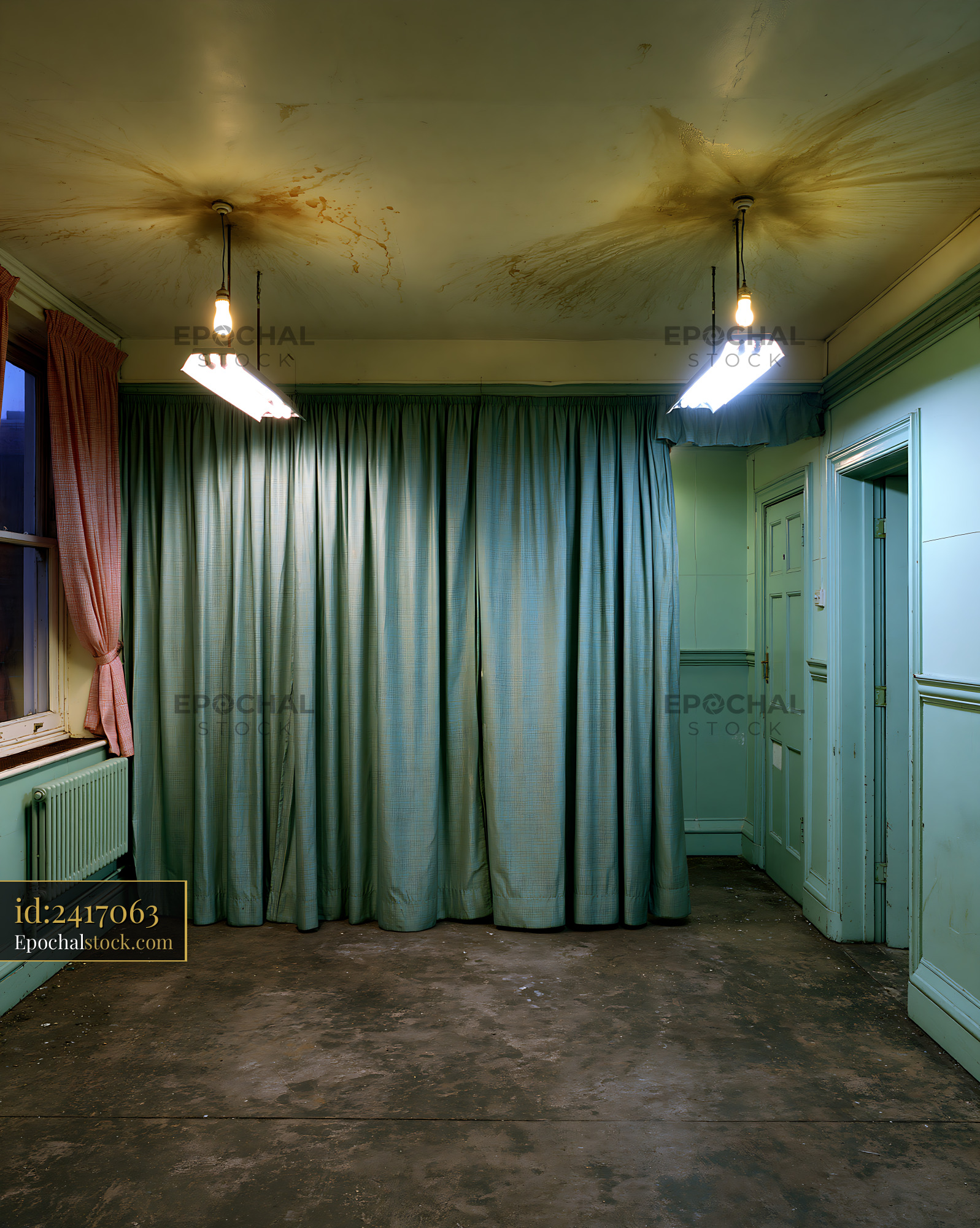Watermarked full-resolution preview of Empty room with curtains and ceiling lights