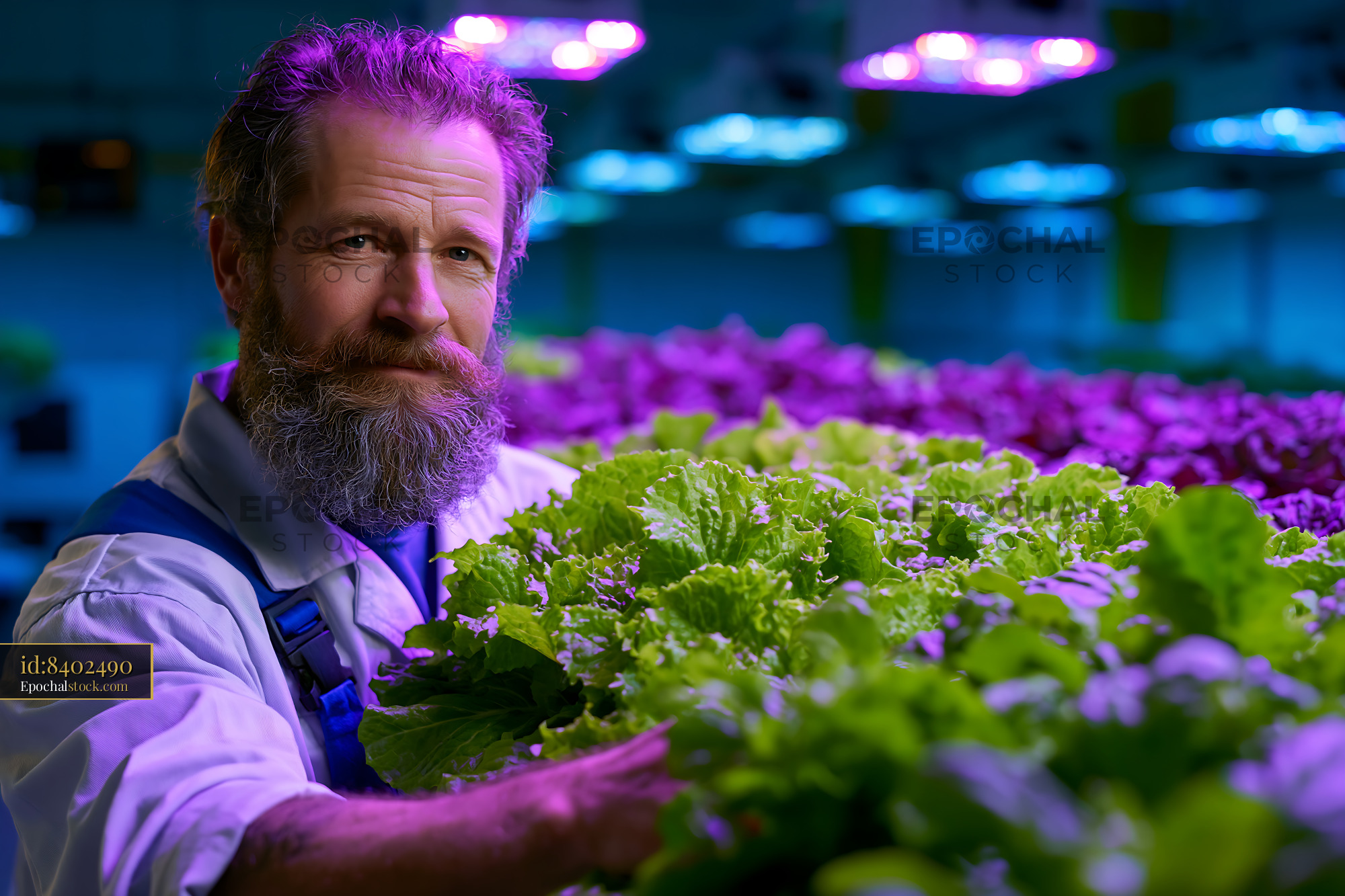Watermarked full-resolution preview of Gardener working with lettuce in indoor farm with LED lights