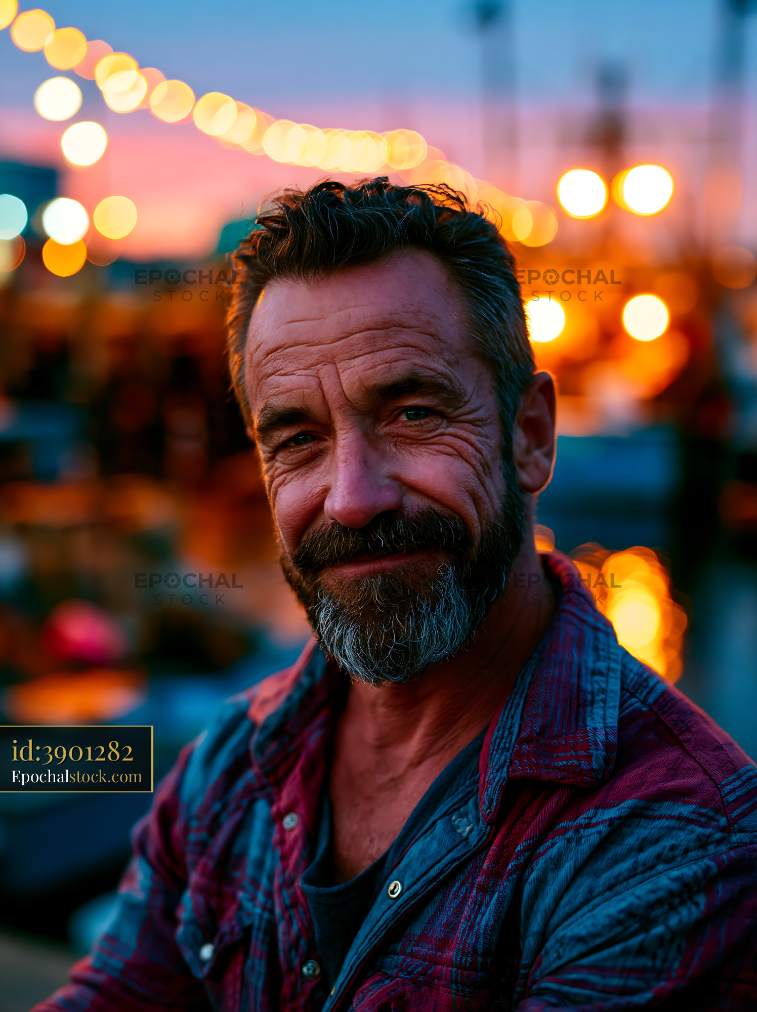 Watermarked full-resolution preview of Man smiling at outdoor market during sunset