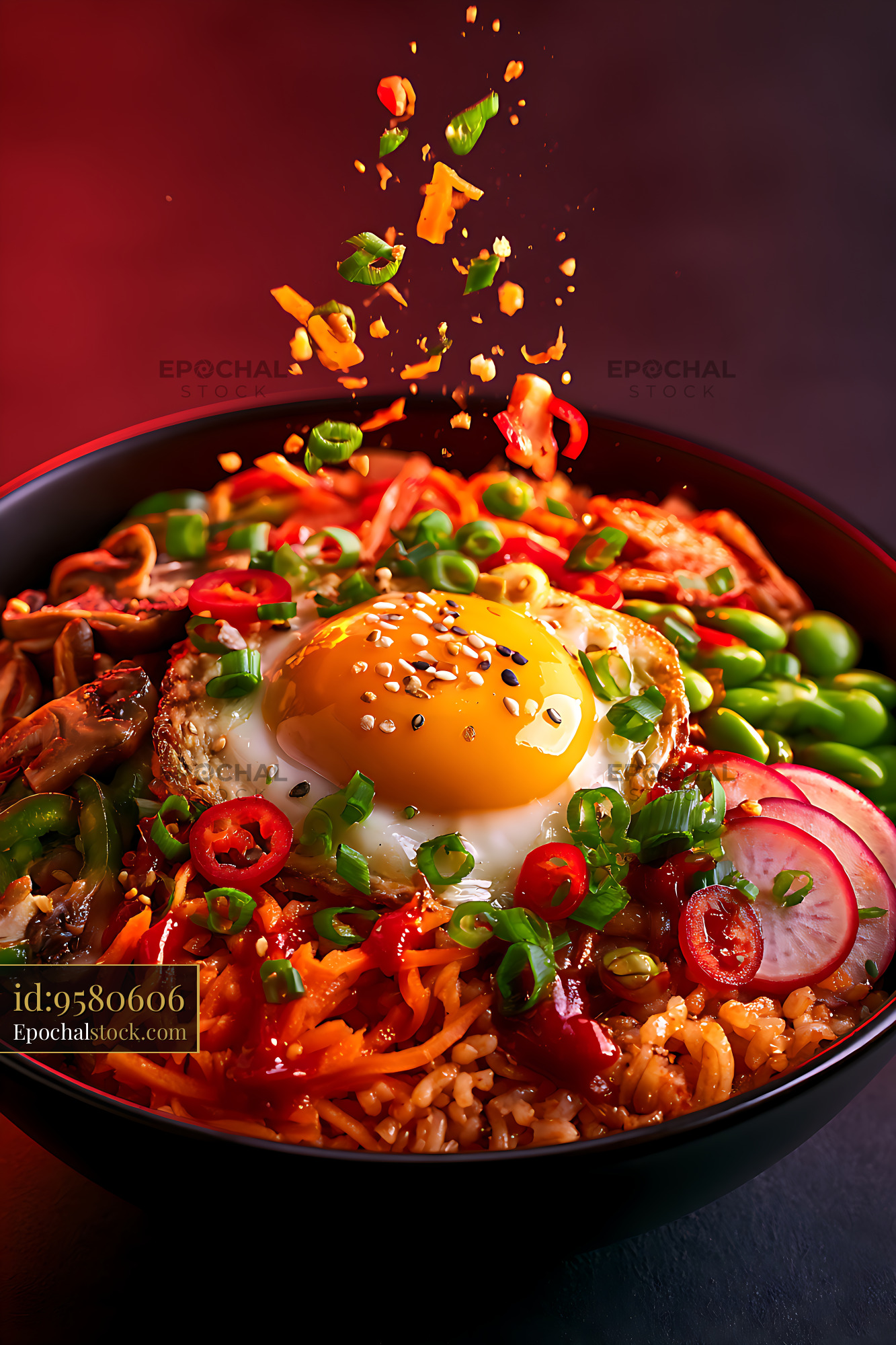 Watermarked full-resolution preview of Colorful rice bowl topped with fried egg and vegetables