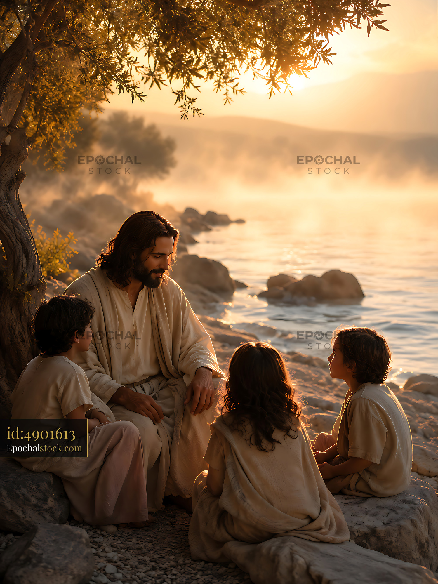 Watermarked full-resolution preview of Children listen to a teacher by the water at sunset