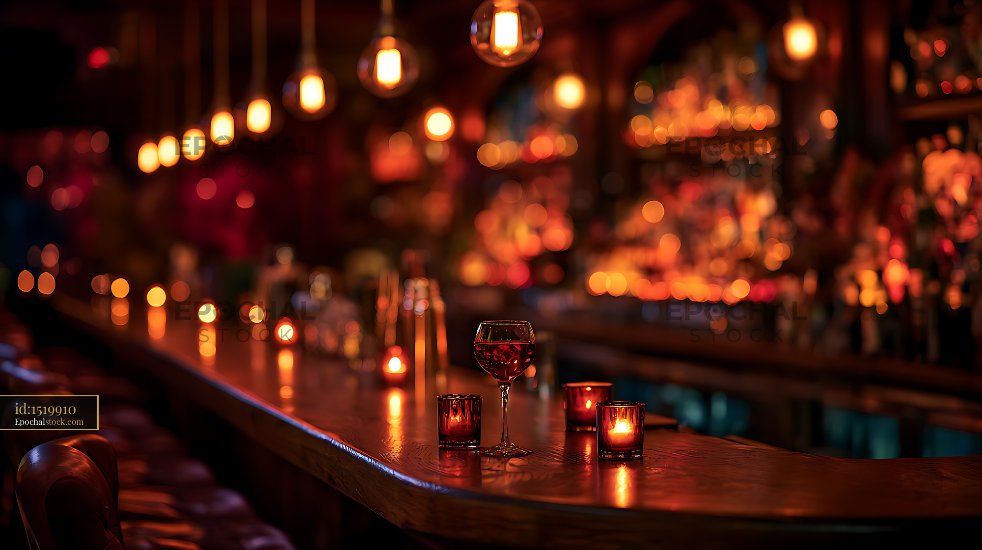 Watermarked full-resolution preview of Warm candlelit bar with wine glass and glowing lights