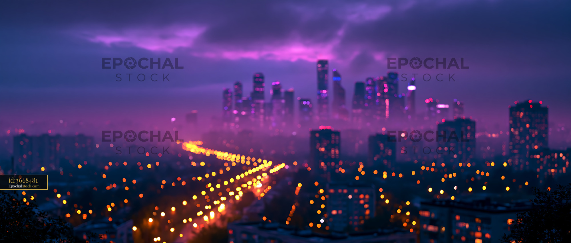 Watermarked full-resolution preview of City skyline at night with colorful lights and fog