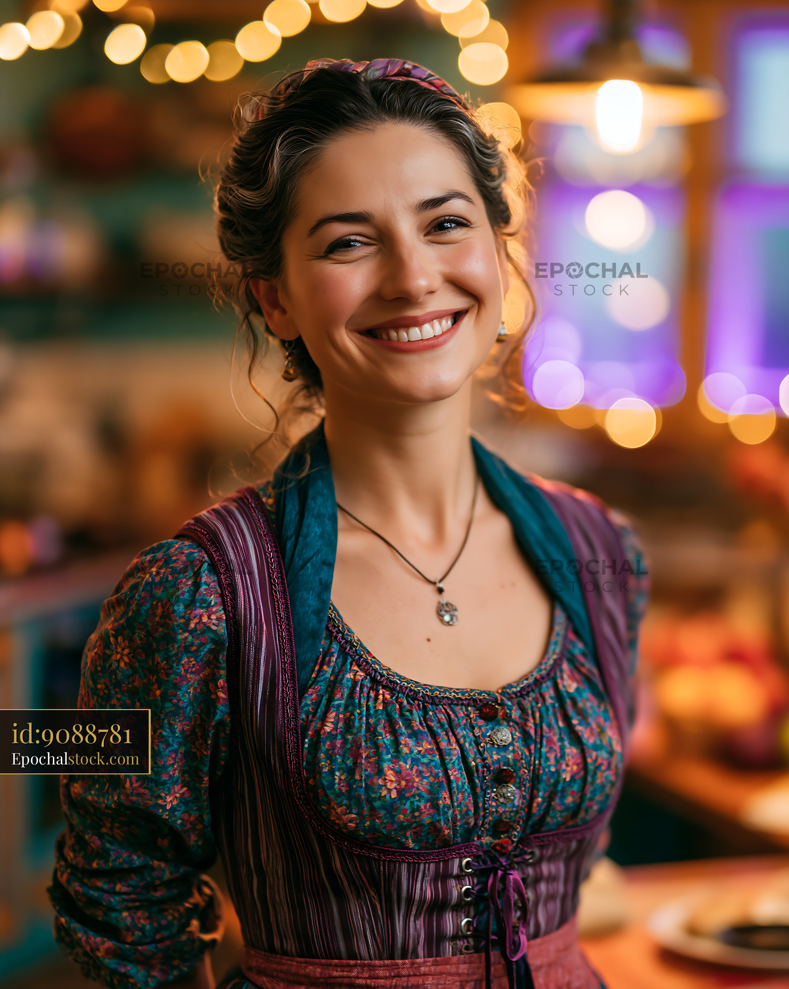 Watermarked full-resolution preview of Smiling woman in traditional clothing stands in a cozy kitchen