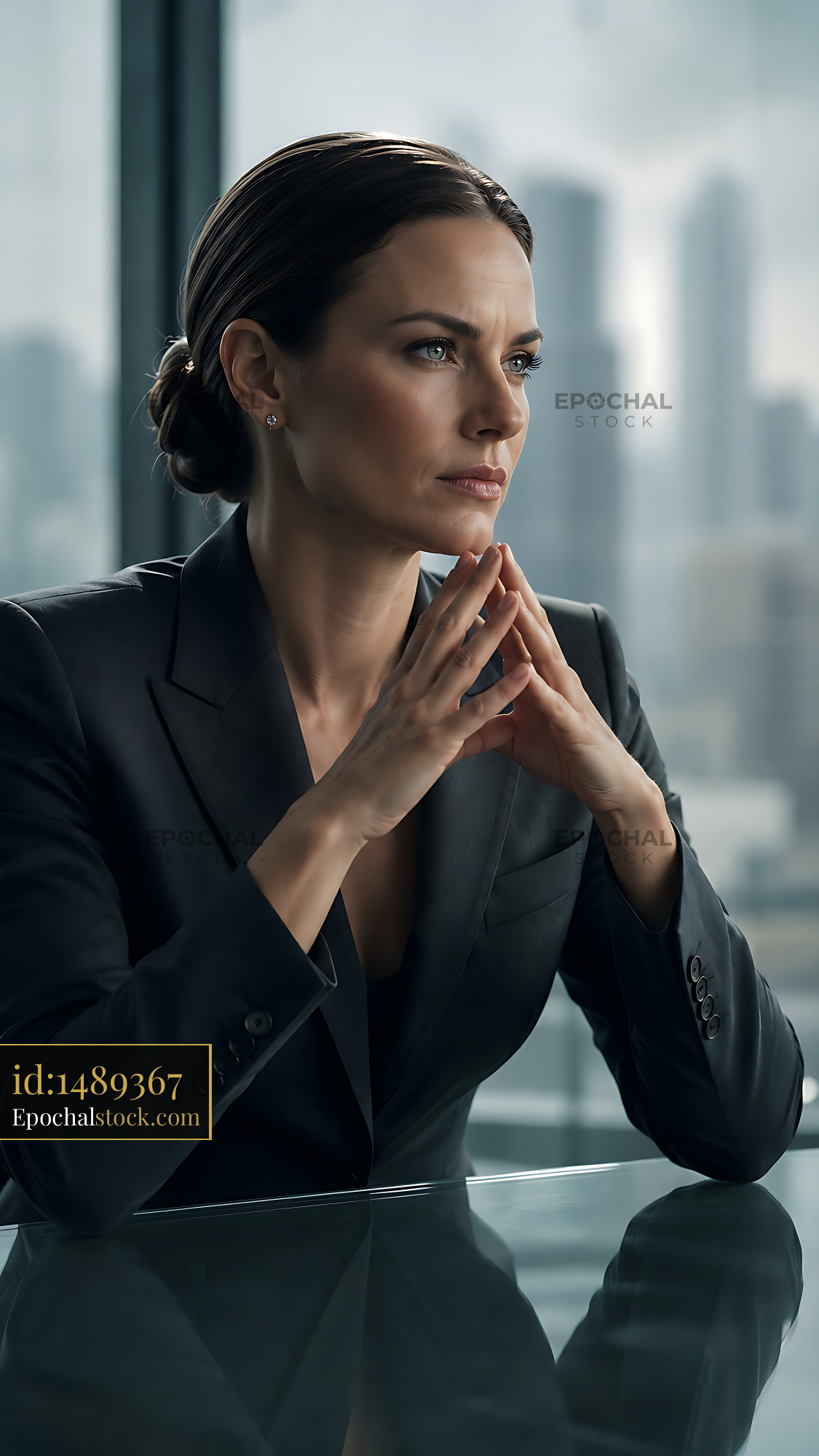 Watermarked full-resolution preview of Businesswoman in office contemplating strategy