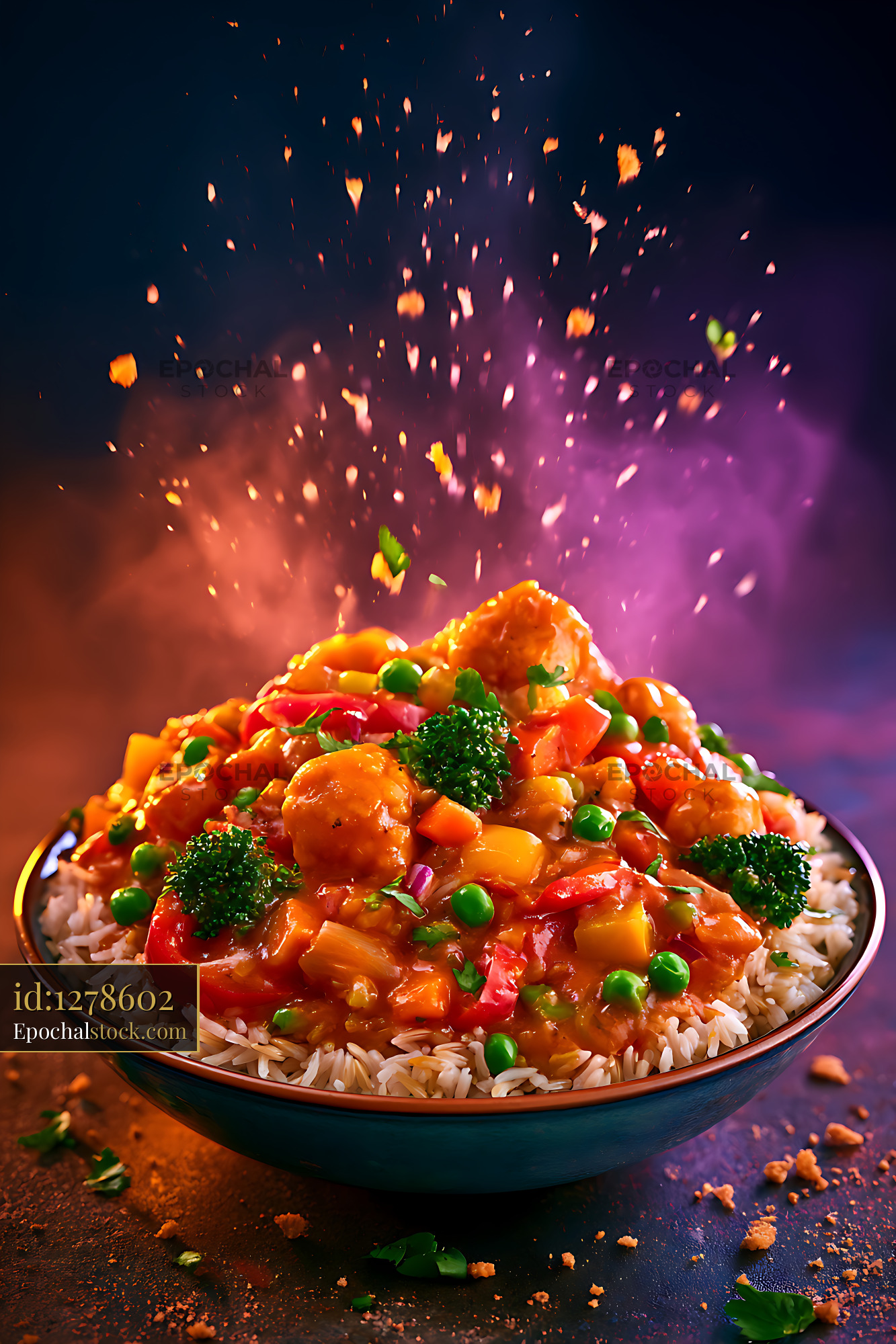 Watermarked full-resolution preview of Vibrant mixed vegetable dish served over rice